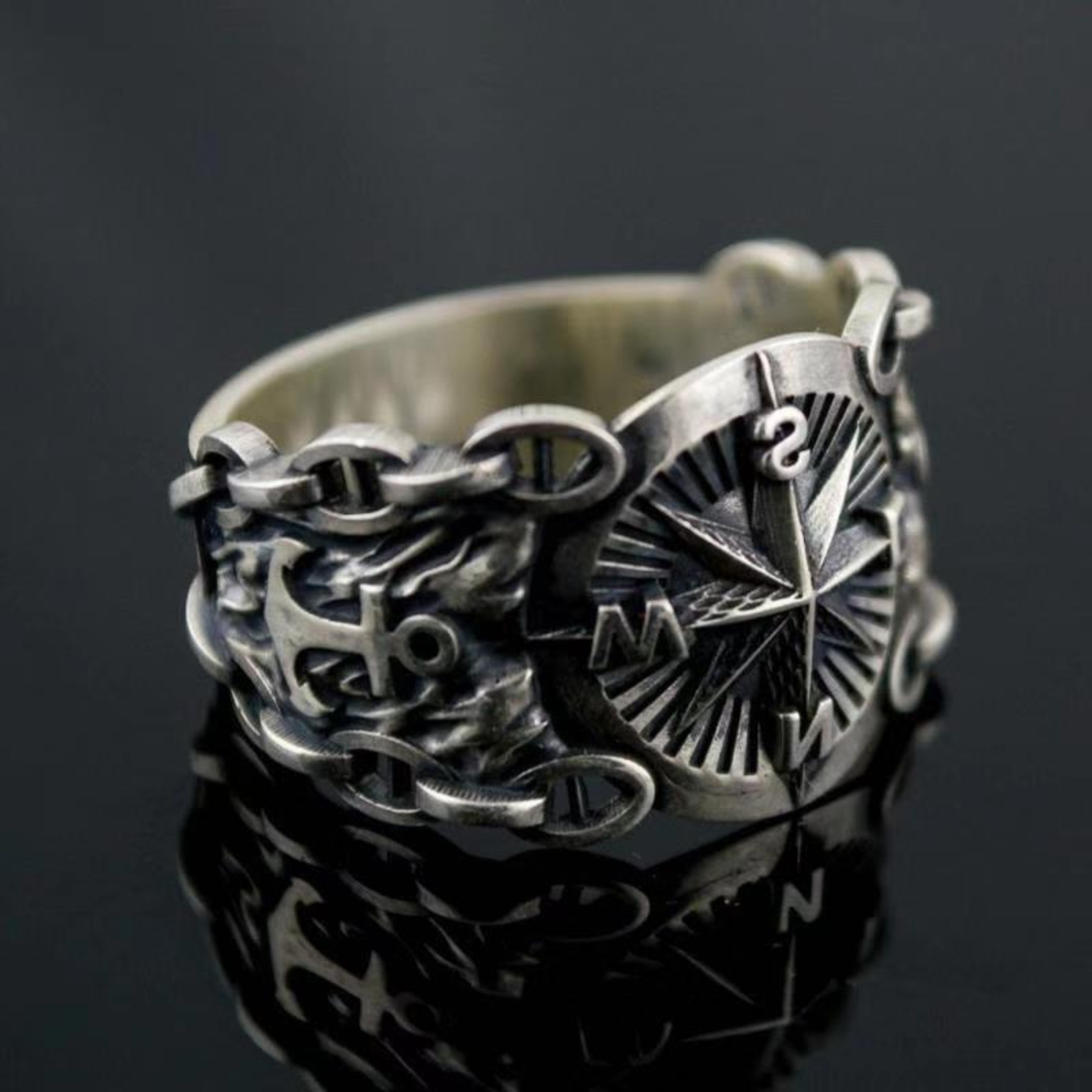 Viking Compass Ring Nordic Amulet Jewelry, Pirate Rune Stainless Steel Ring for Men and Women – view 5