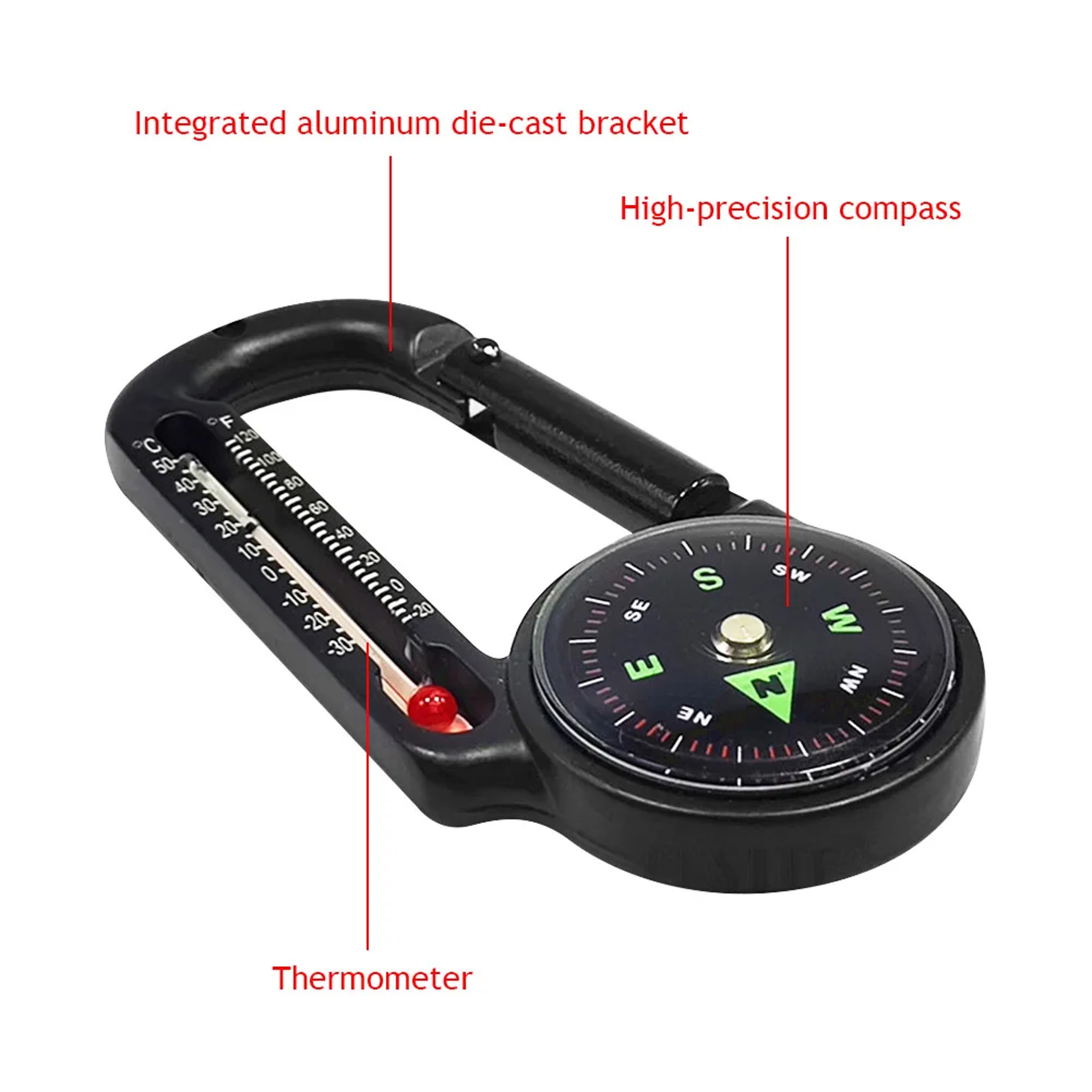 Mini Survival Compass Keychain with Thermometer and Carabiner Clip for Camping Hiking Gear – view 6