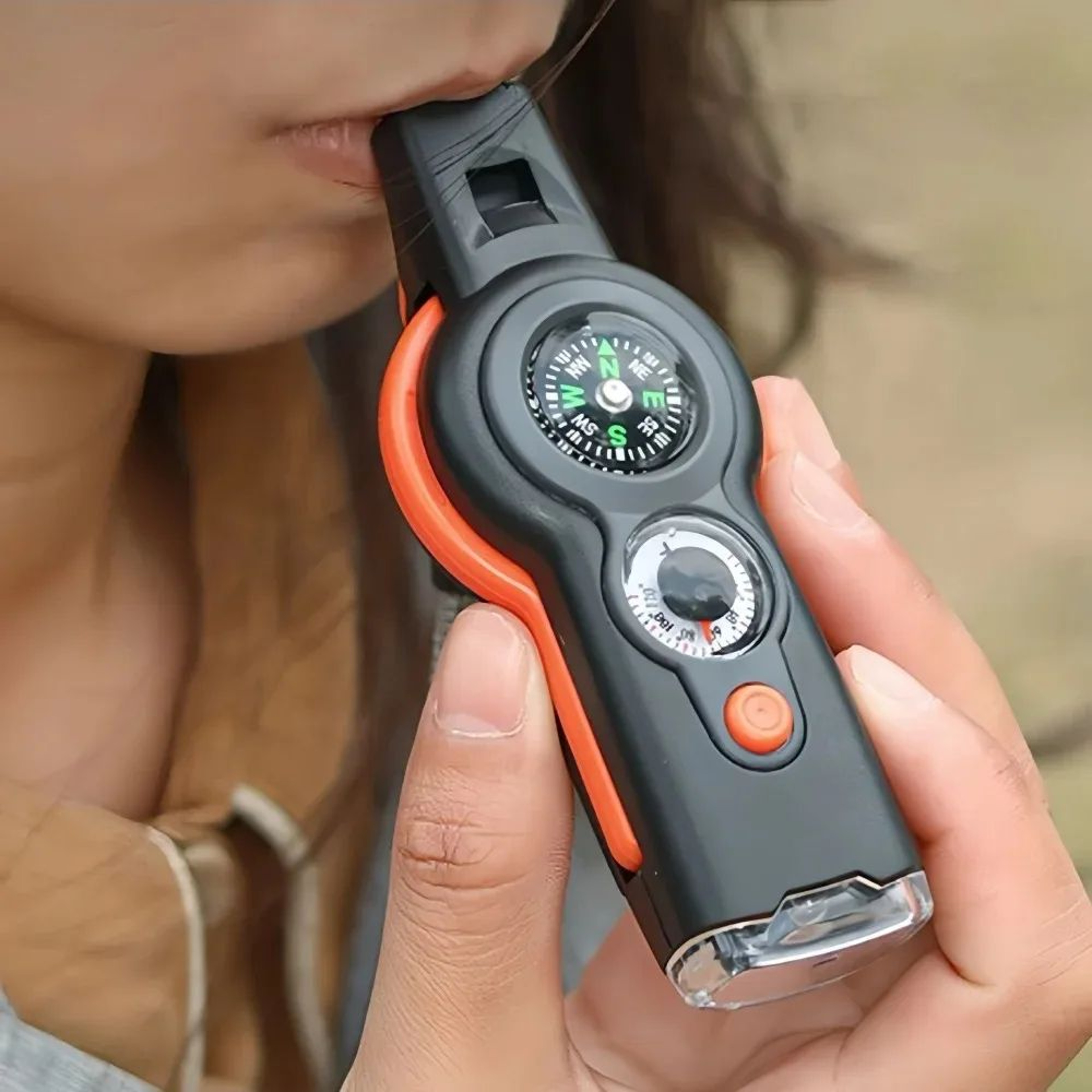 survival whistle with compass thermometer and flashlight for camping emergency safety – view 1