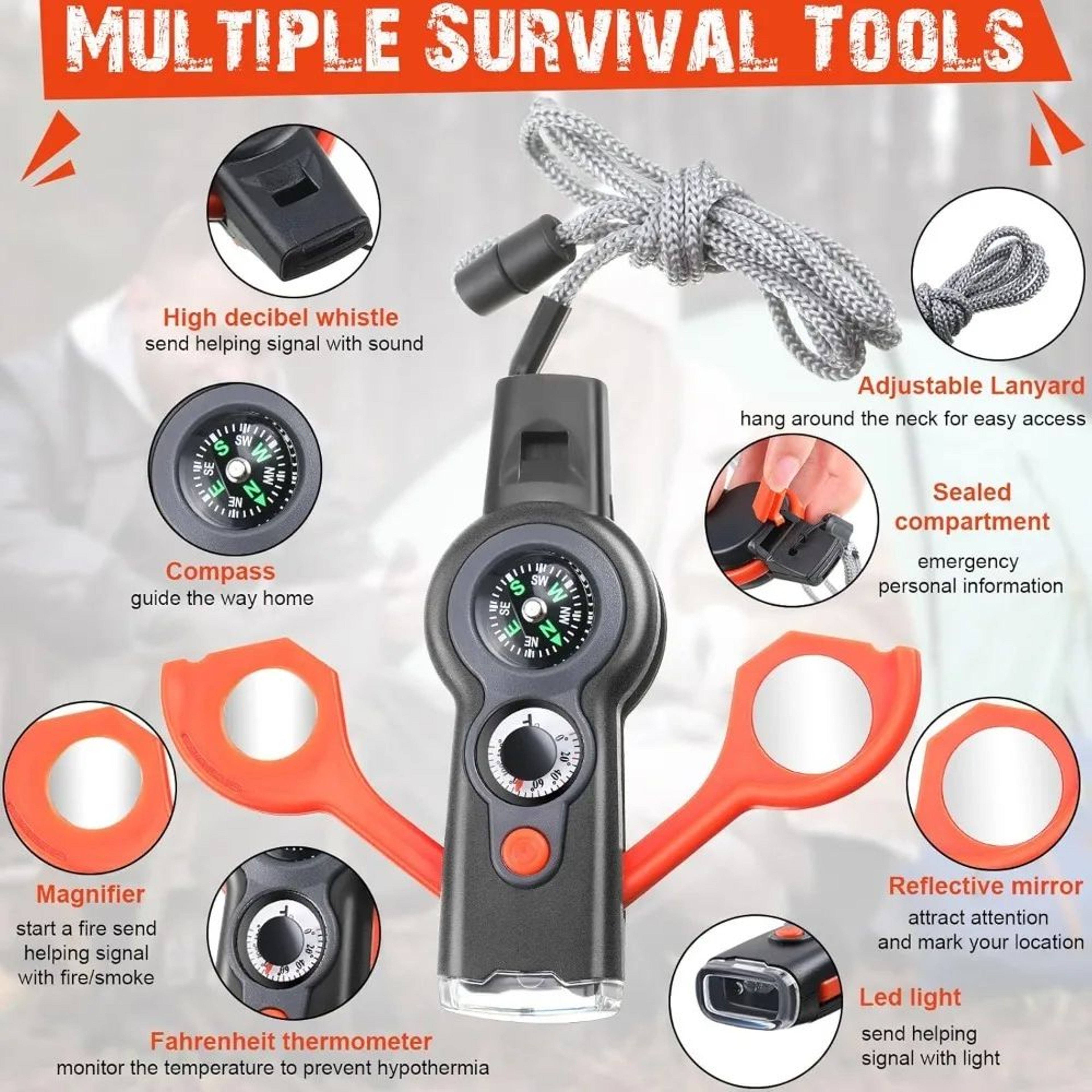 Survival Whistle With Compass Thermometer And Flashlight For Camping Emergency Safety 4