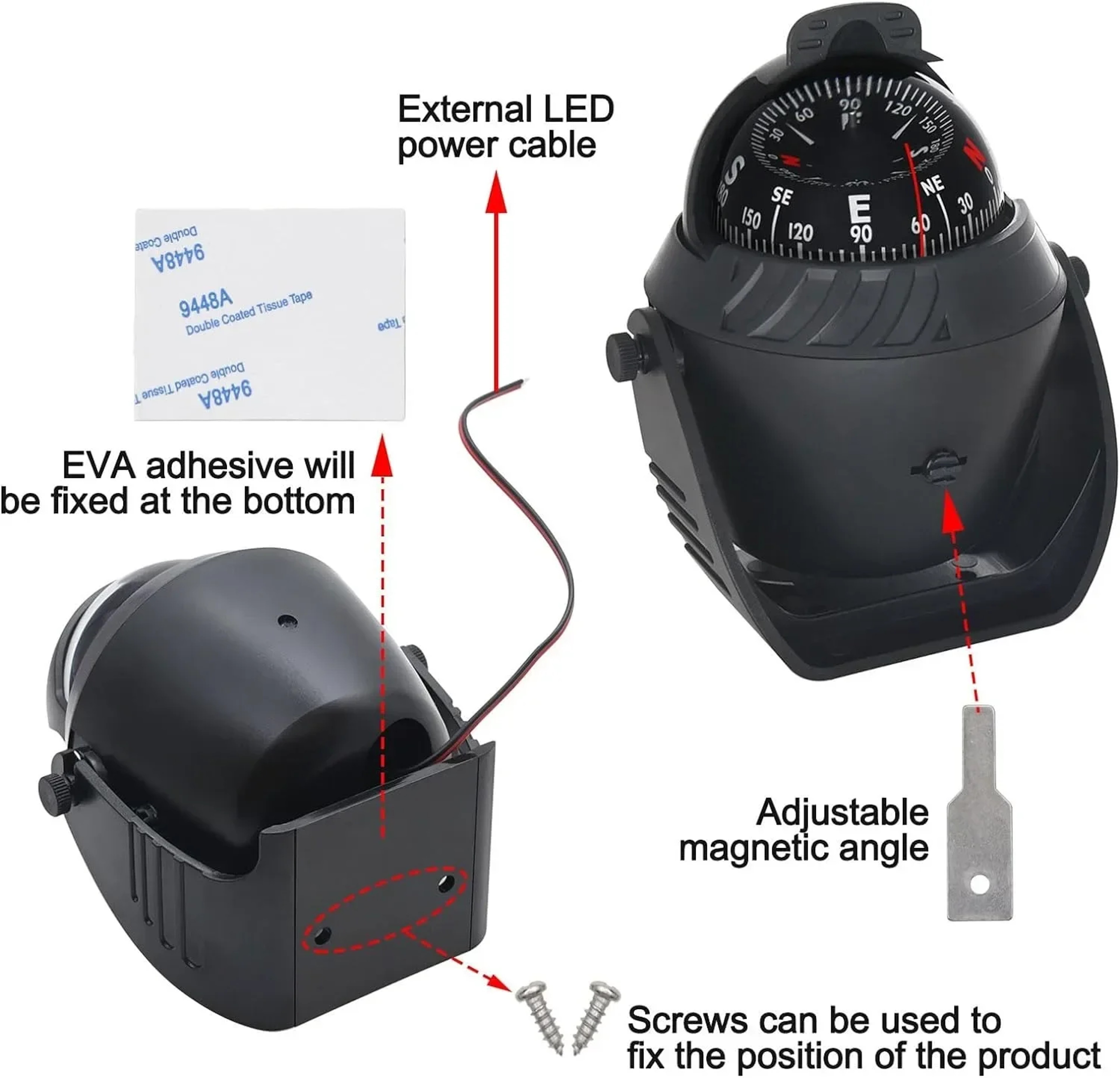 Portable Dashboard Navigation Compass Ball for Car Boat with LED Light and Magnetic Declination – view 4