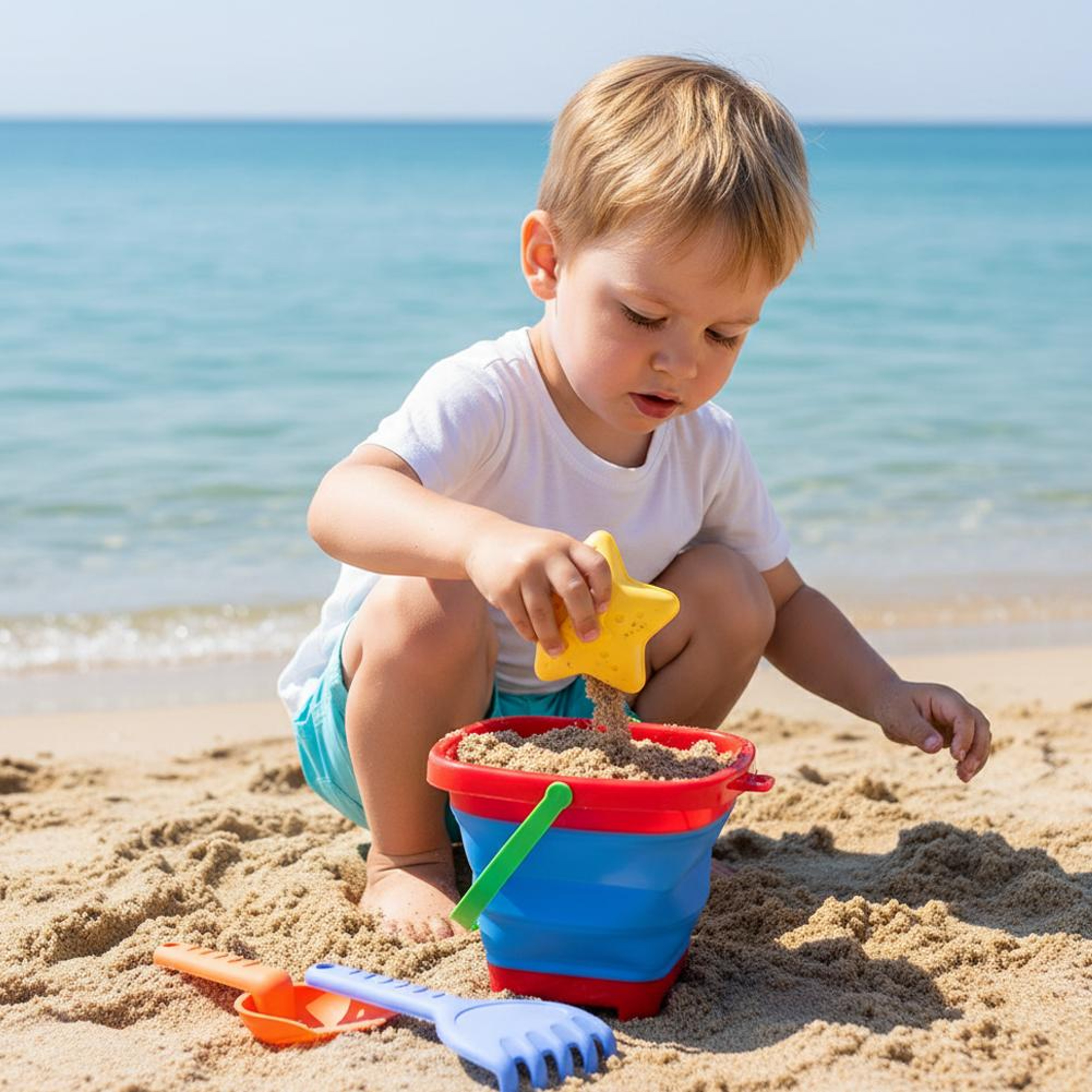 Foldable Beach Toys Set with Collapsible Bucket and Molds Portable Sand Play Kit for Toddlers – view 4