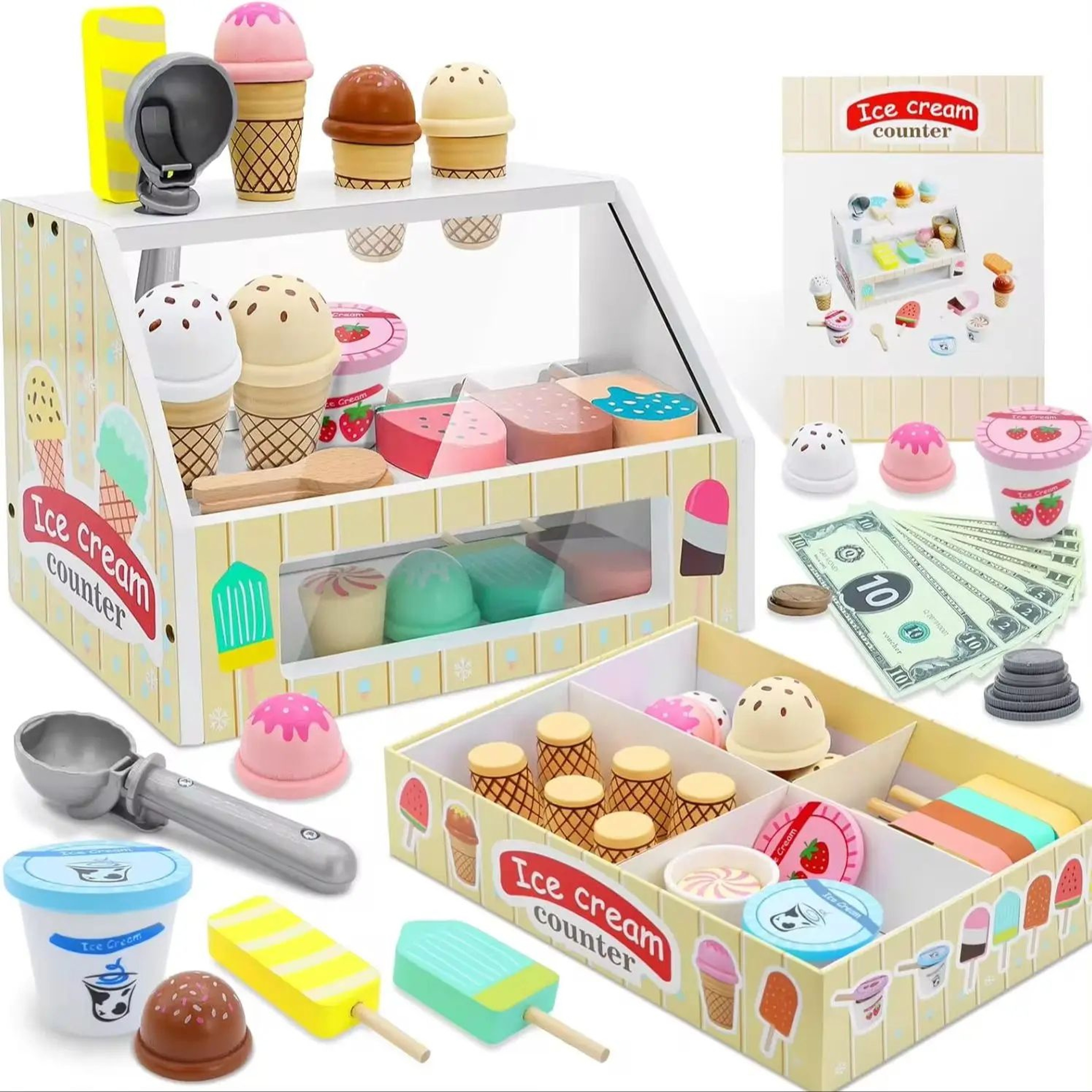 Ice Cream Counter Playset For Kids Montessori Pretend Play Food Toys For Girls  Boys 5