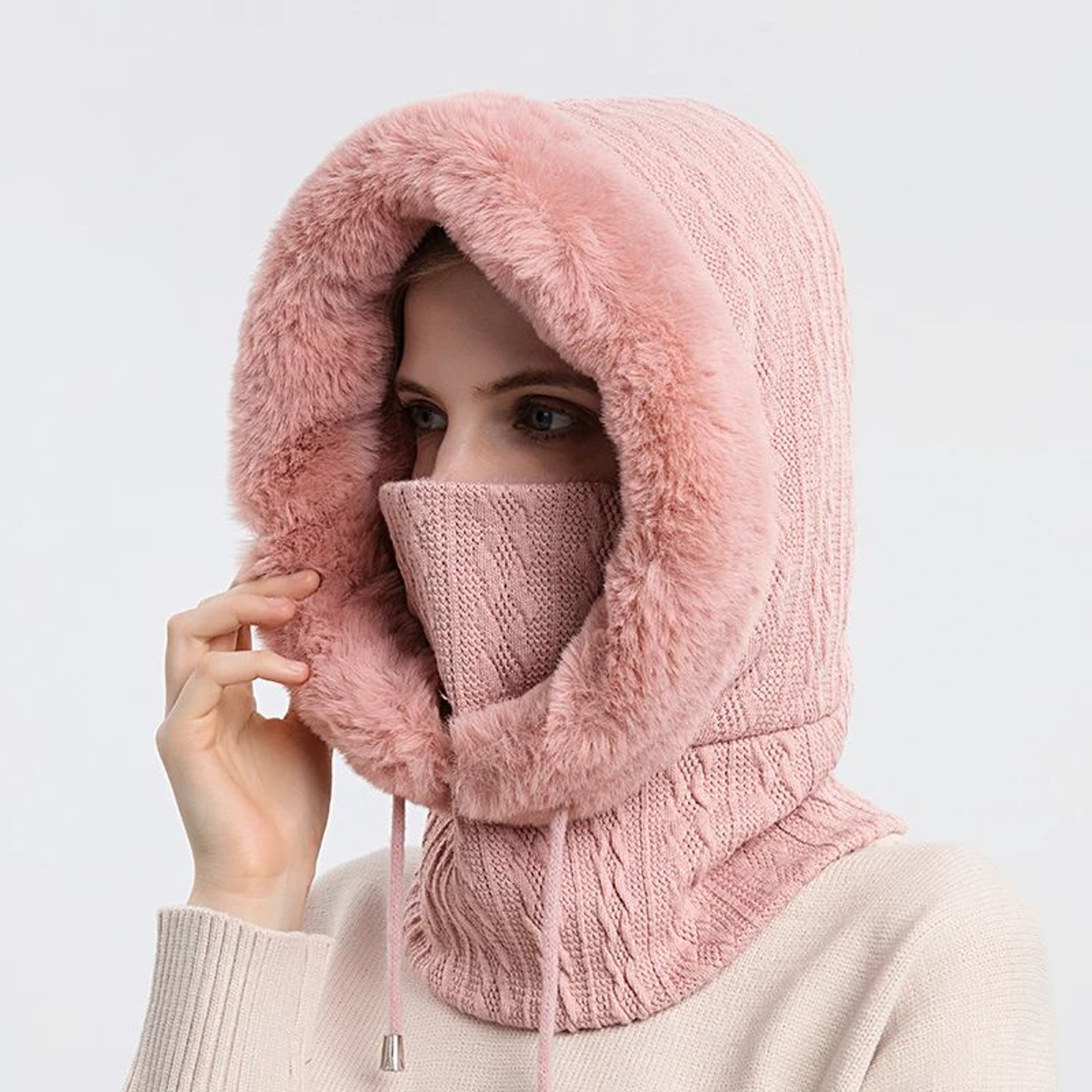 Women Winter Fur Cap Mask Set Hooded Knitted Cashmere Balaclava Ski Hat With Thick Fluffy Beanies   9