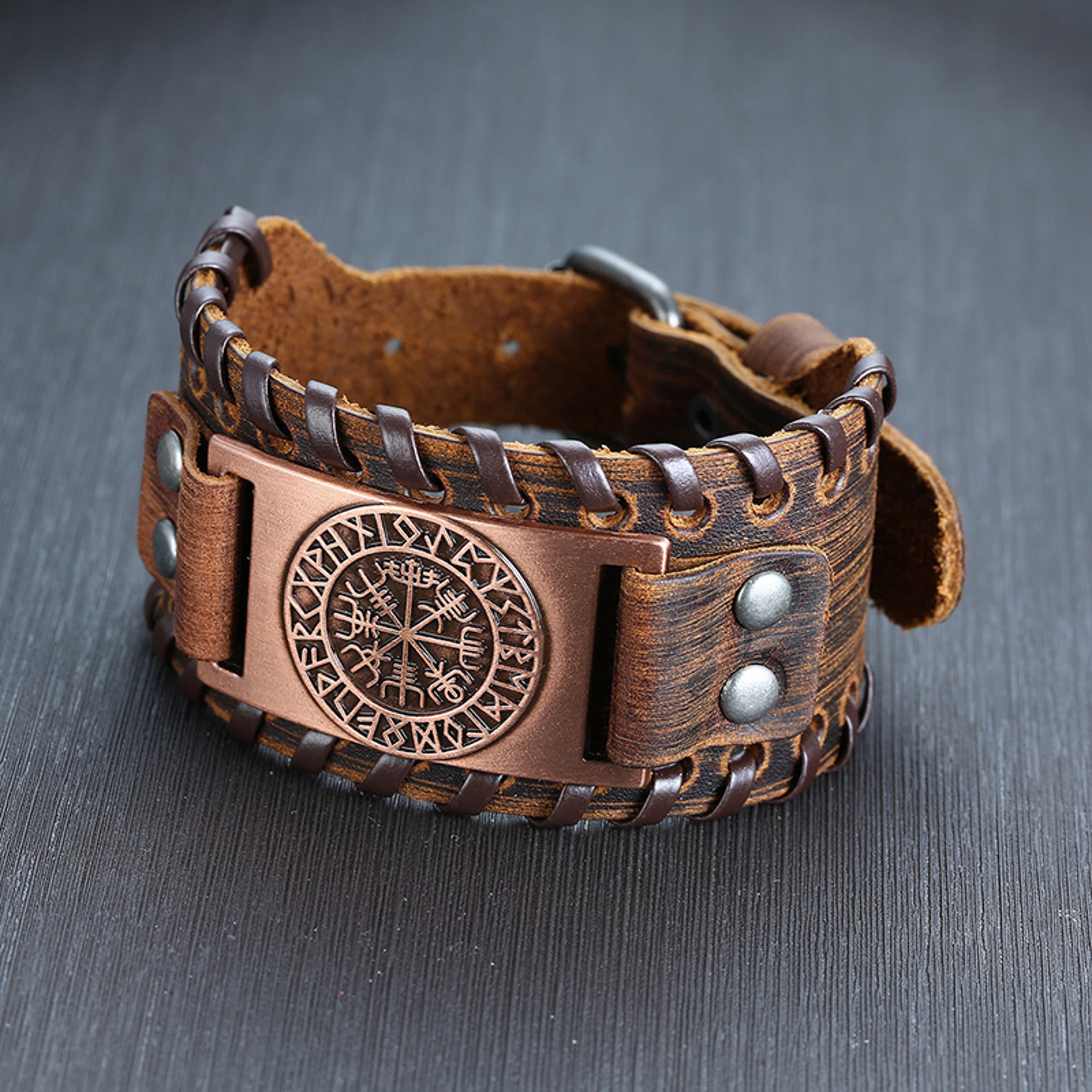 Men Vnox Wide Leather Wristband, Genuine Leather Punk Bangle with Metal Charm, Adjustable Fashion Cuff Bracelet Gift – view 8
