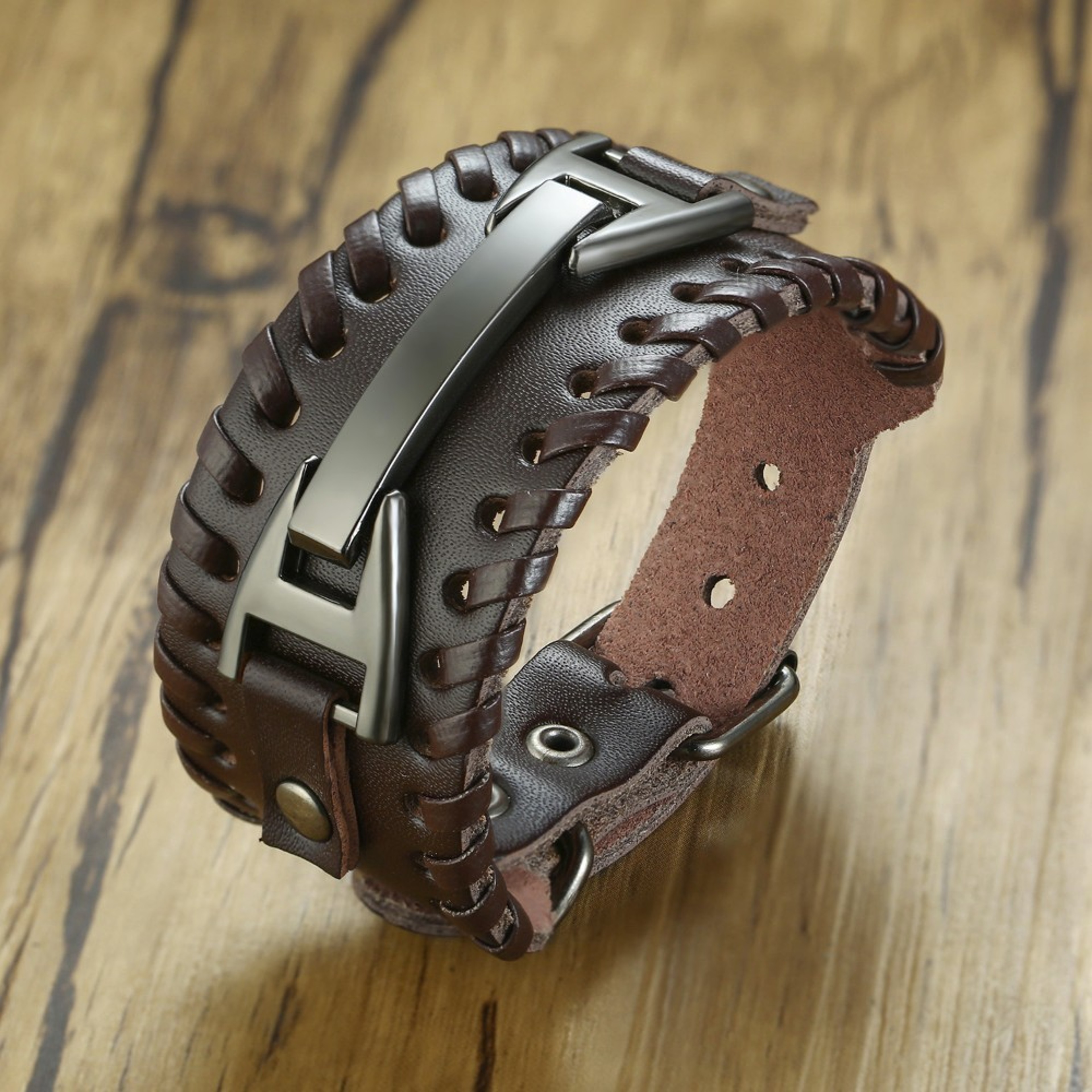 Men Vnox Wide Leather Wristband, Genuine Leather Punk Bangle with Metal Charm, Adjustable Fashion Cuff Bracelet Gift – view 9