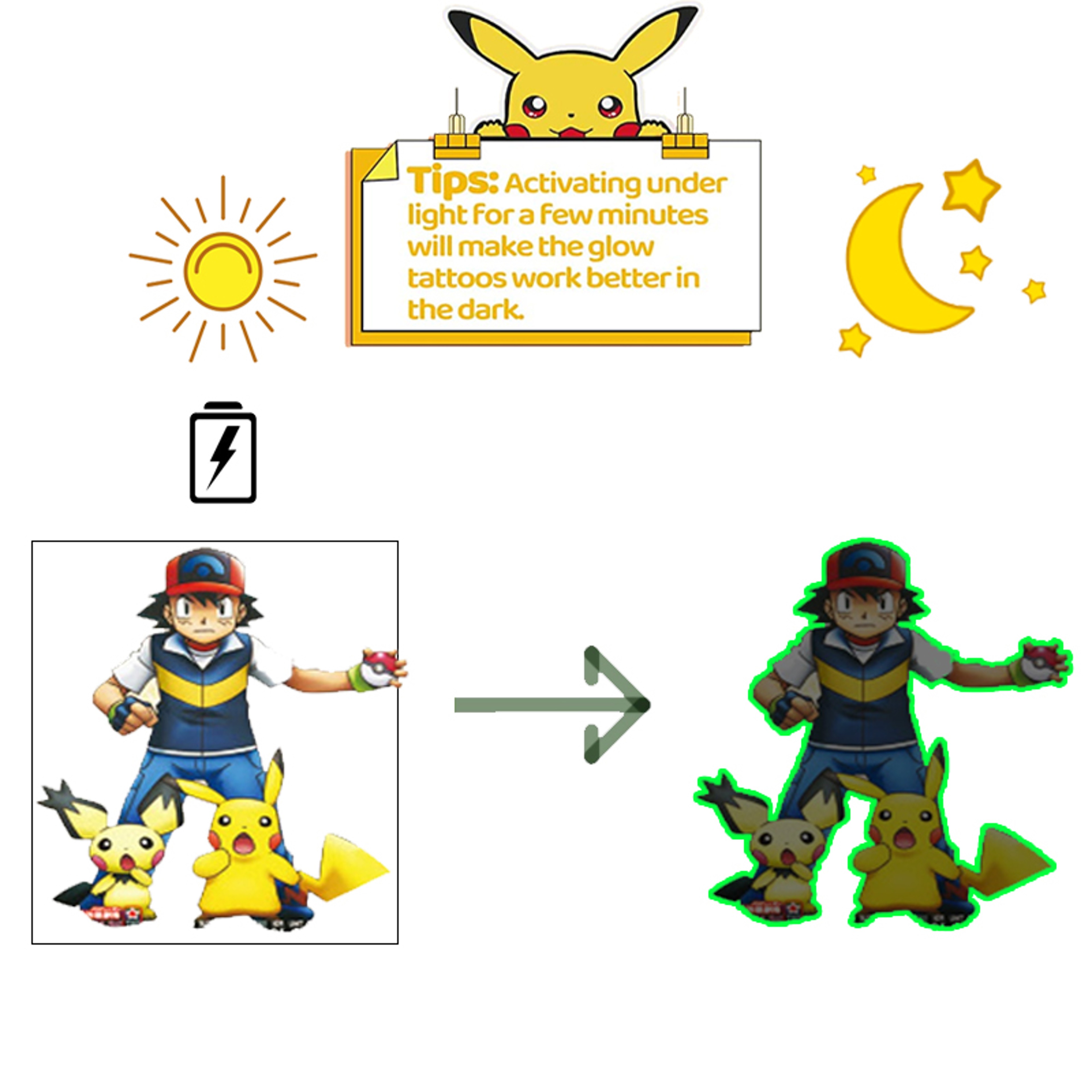 Pokemon Luminous Glow Tattoos, Pikachu Styles Temporary Stickers for Kids Party Supplies & Gift for Boys & Girls – view 4