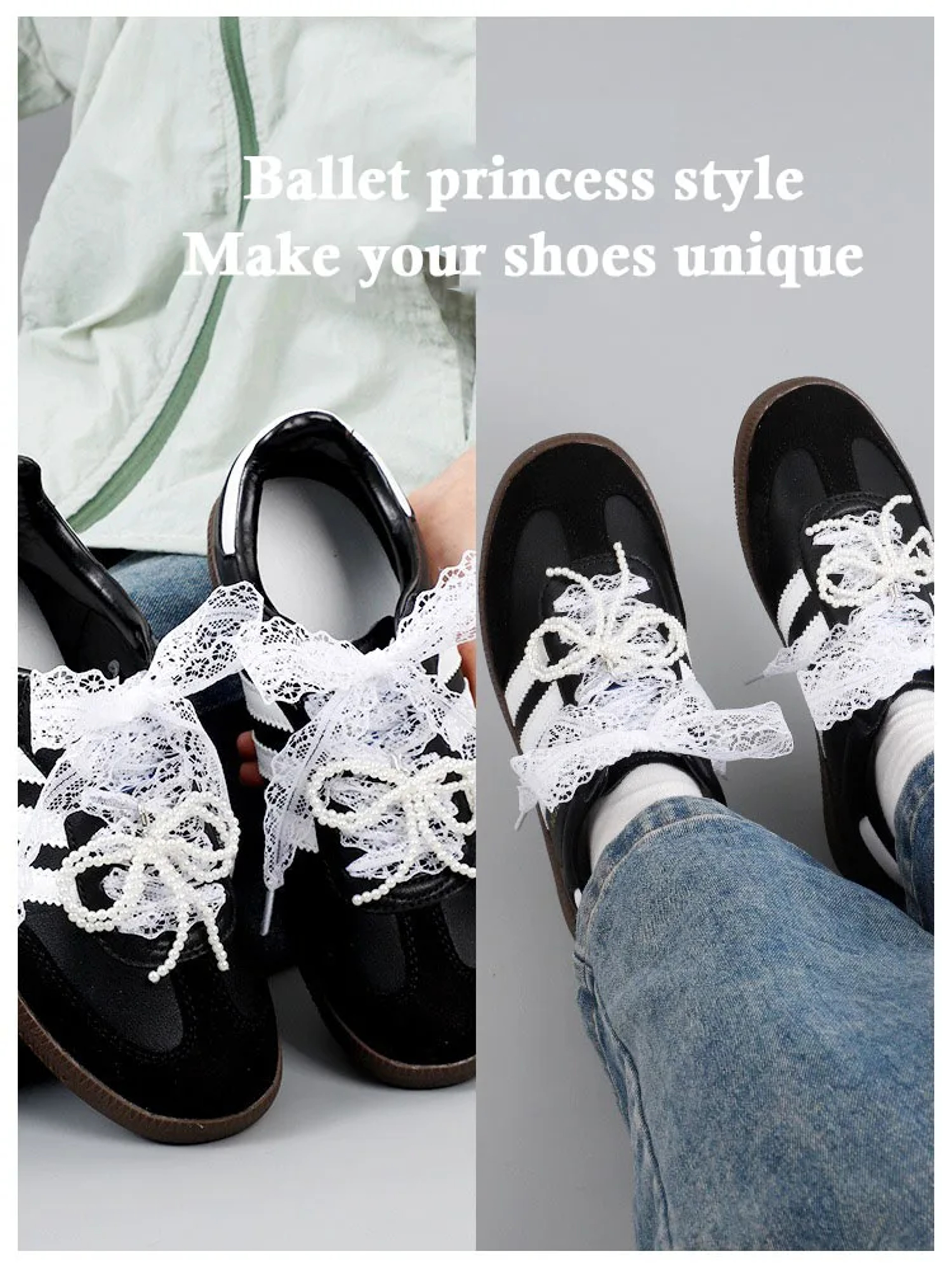 Wide Fancy Lace Shoelaces for Women Sneakers, Flat Decorative Shoe Laces for Casual Shoes, White & Black Footwear – view 3