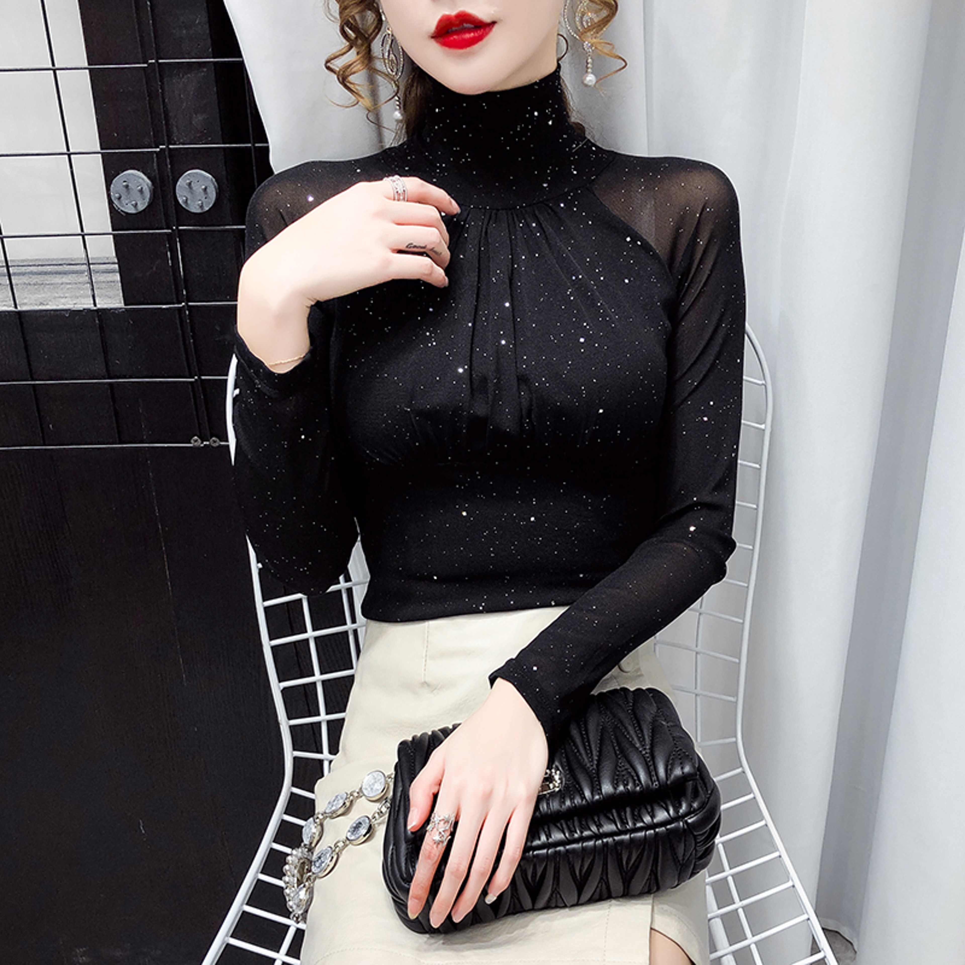 Korean fashion mesh top, high neck black bottoming t shirt, sexy casual lady blusa – view 4