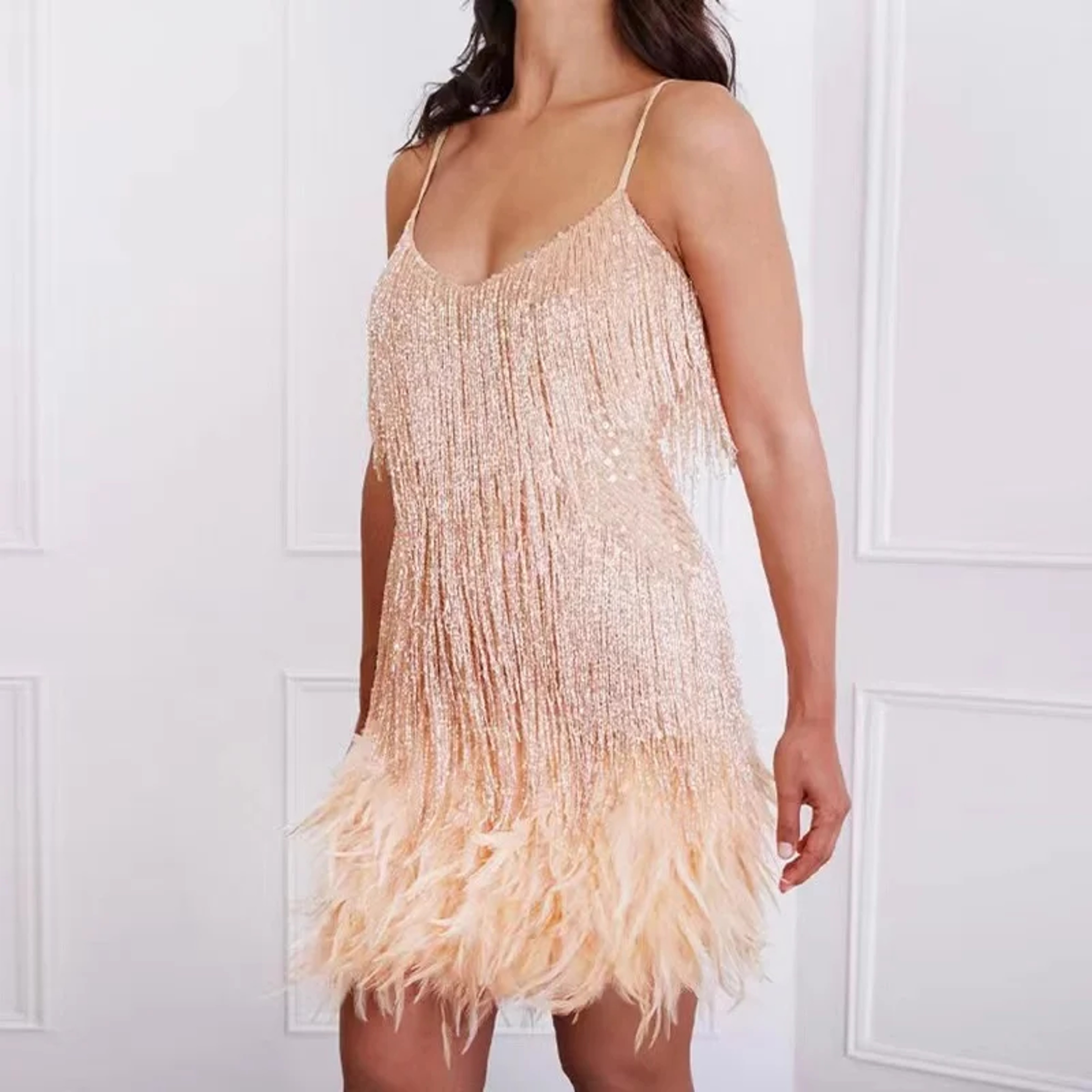 2025 Sexy Feather Sequins Tassel Mini Dress, Spaghetti Strap Evening Club Dress for Women Elegant Stitching – view 10