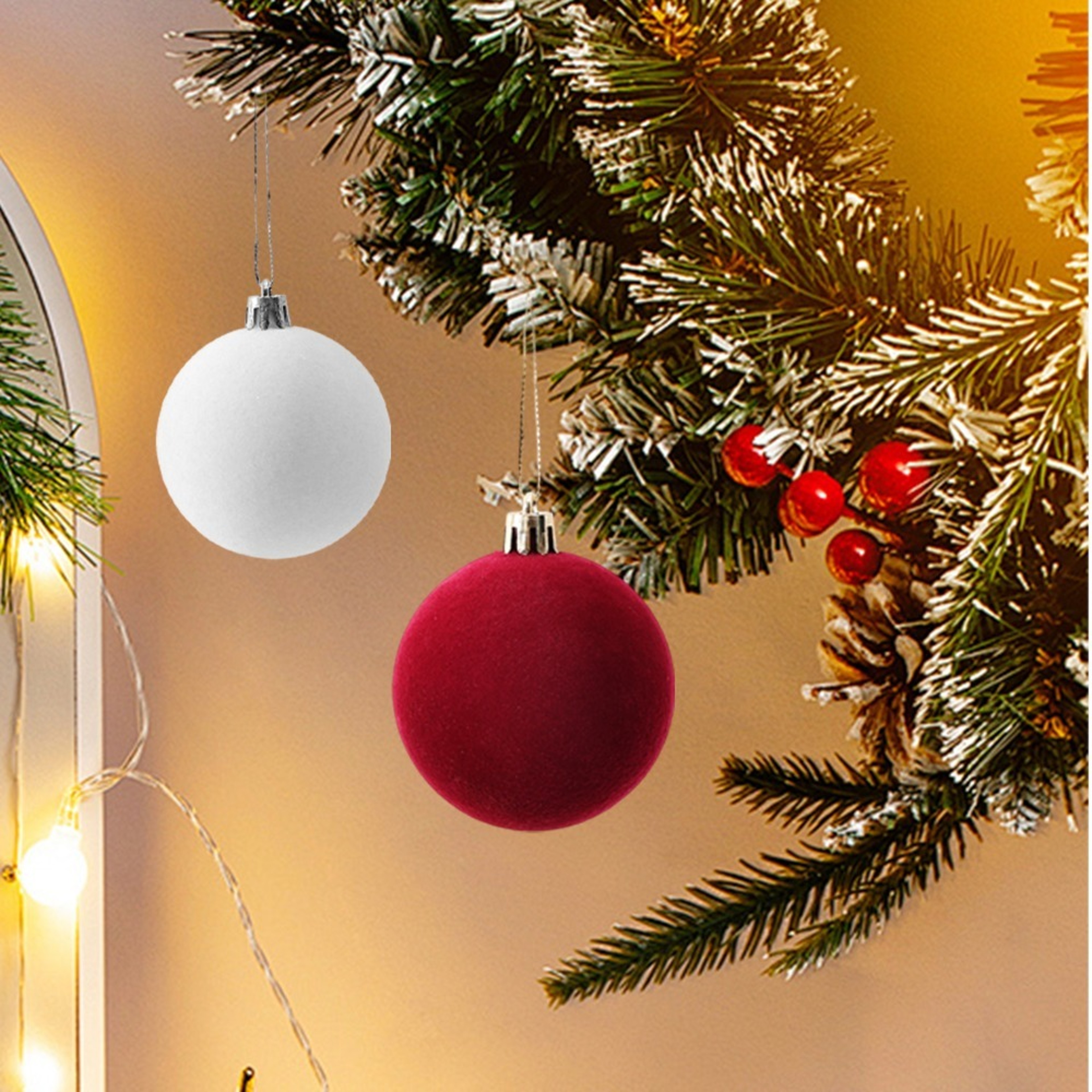 Holiday Wedding Party Supplies, Red Flocked Christmas Ornaments, Hanging Decorative Ball, Balls for Tree Decorations – view 6