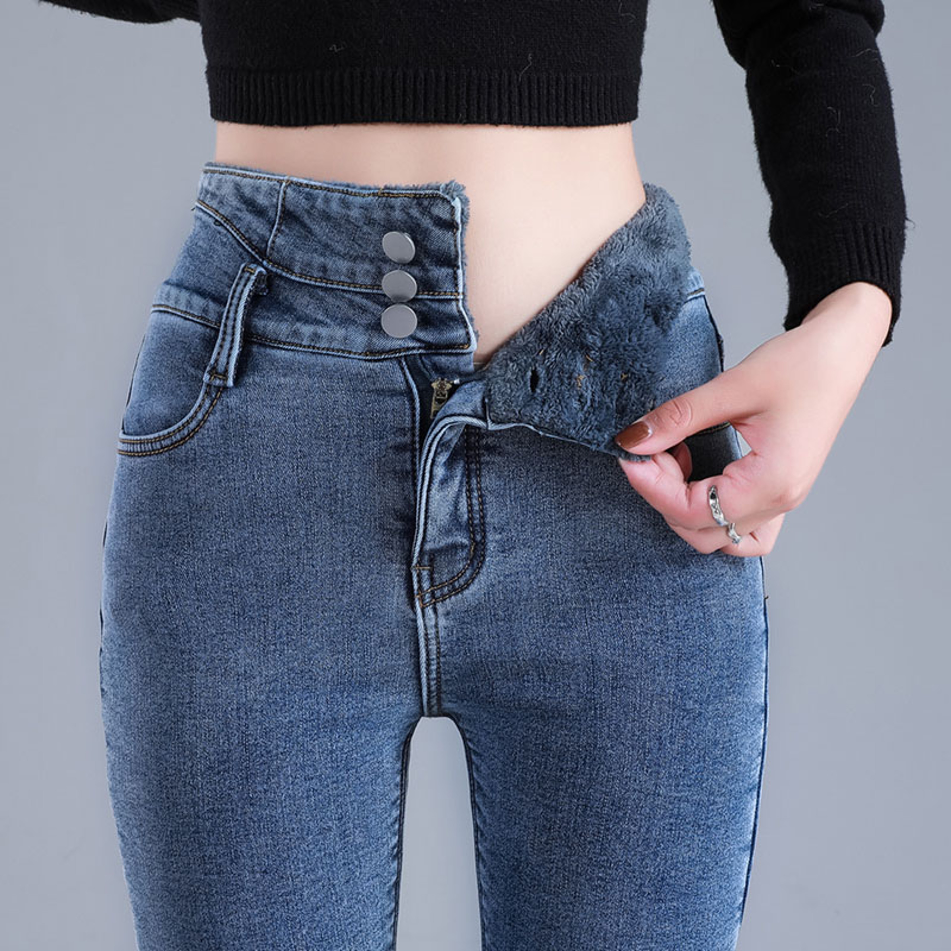 Women Thermal High Waist Jeans, Winter Snow Warm Plush Denim, Stretch Skinny Thick Fleece Fur Pants for Ladies – view 2