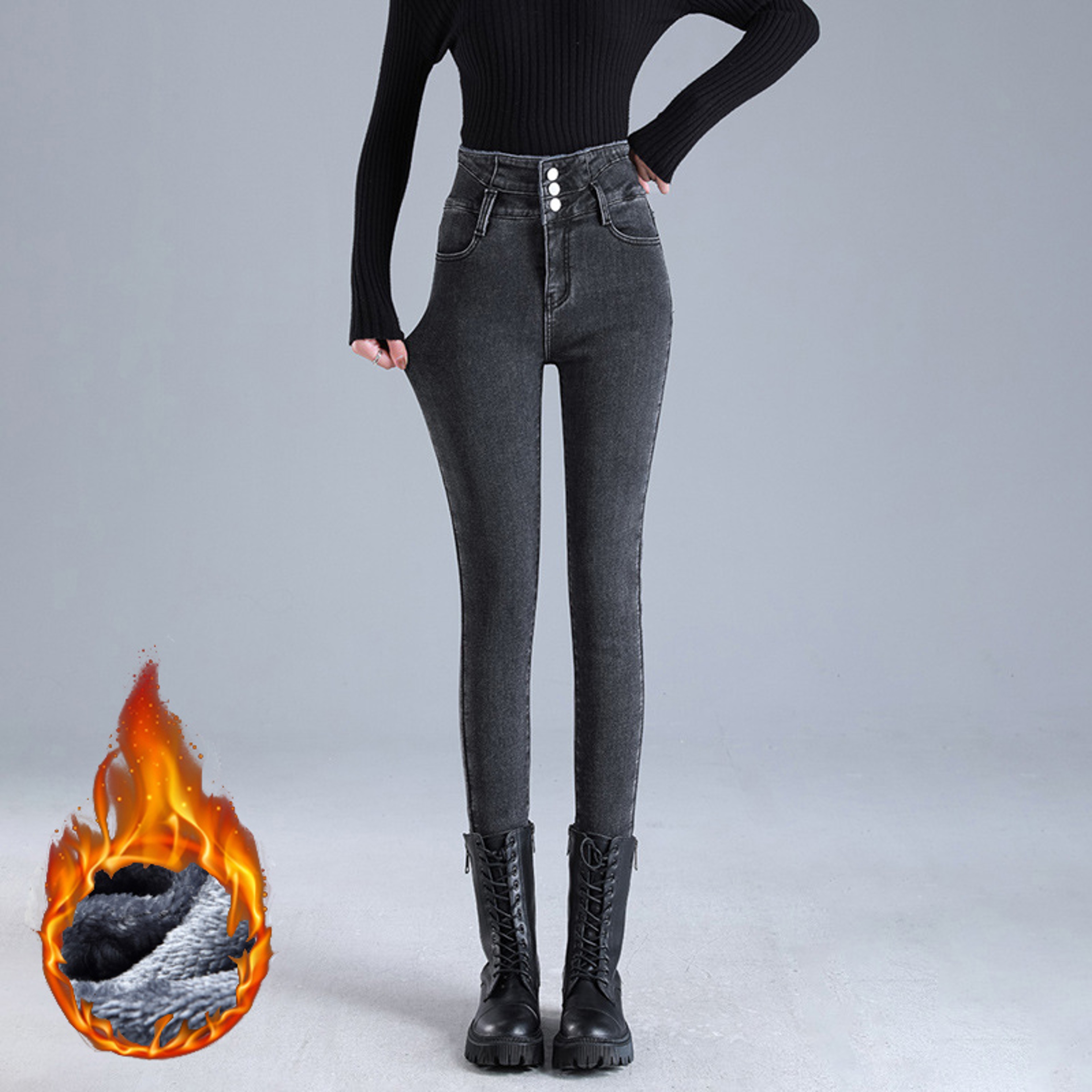 Women Thermal High Waist Jeans, Winter Snow Warm Plush Denim, Stretch Skinny Thick Fleece Fur Pants for Ladies – view 7
