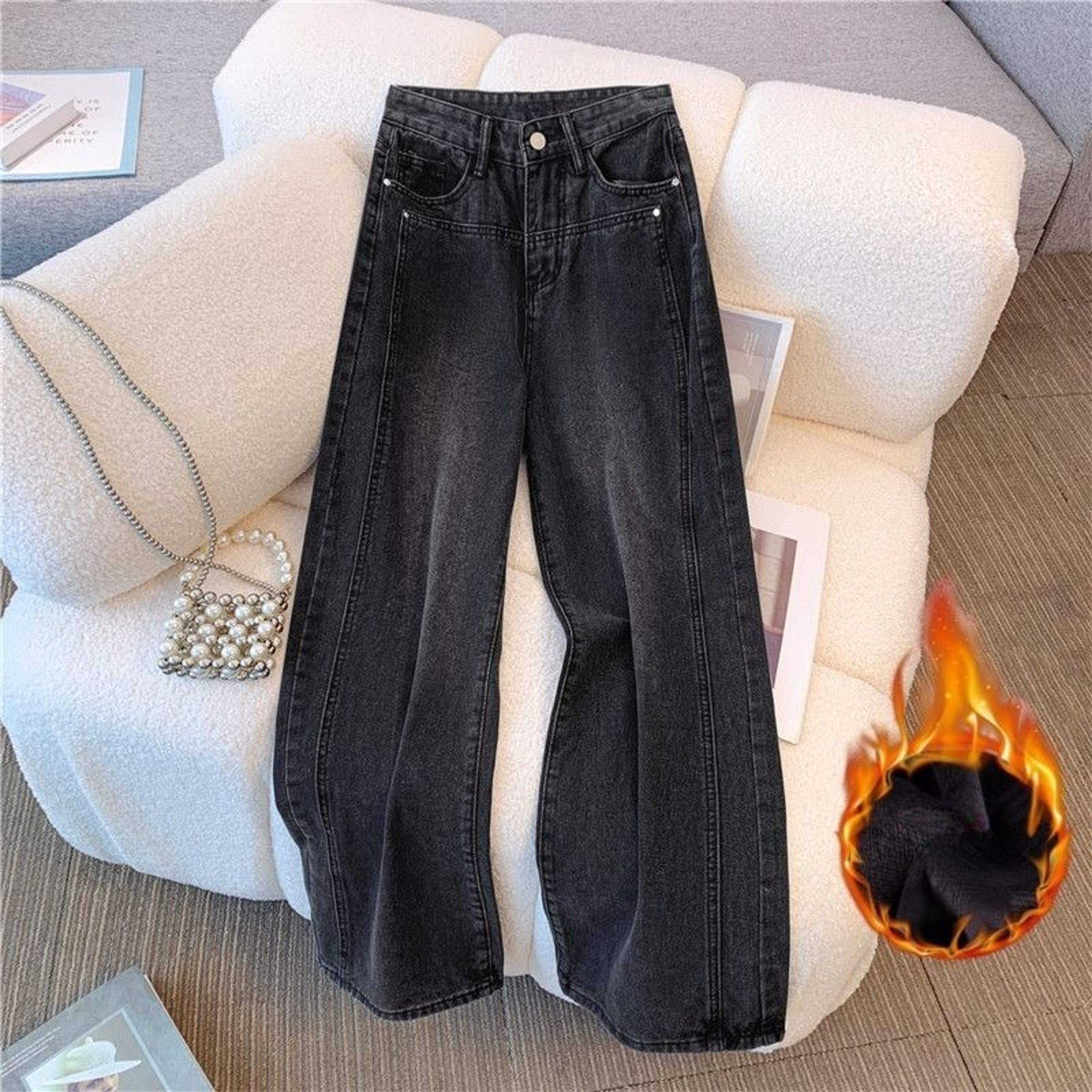 Women High Waist Loose Wide Leg Jeans, Boyfriend Straight Pants, Plush Denim Trousers for Autumn Winter, Gray Black Jean – view 1