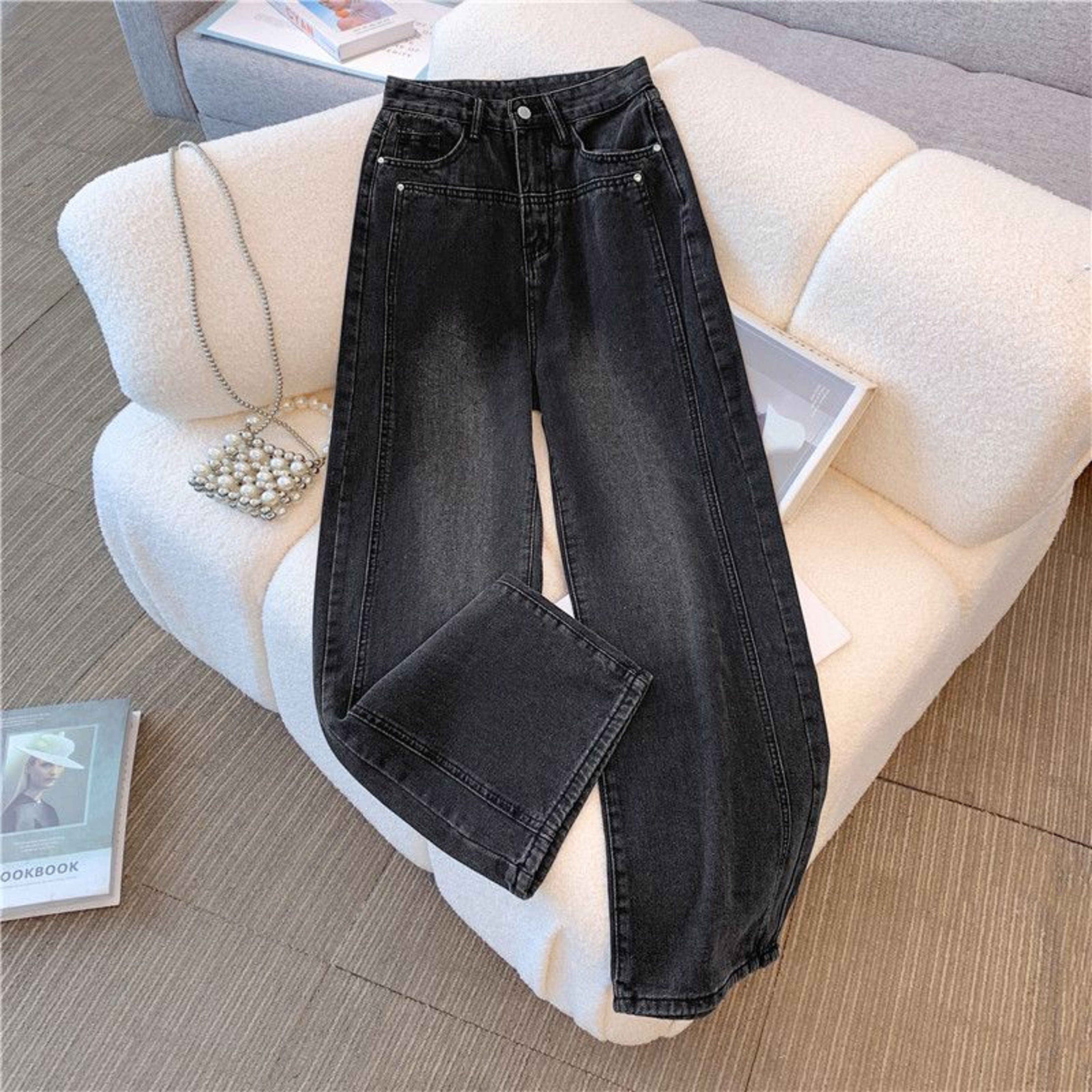 Women High Waist Loose Wide Leg Jeans, Boyfriend Straight Pants, Plush Denim Trousers for Autumn Winter, Gray Black Jean – view 4