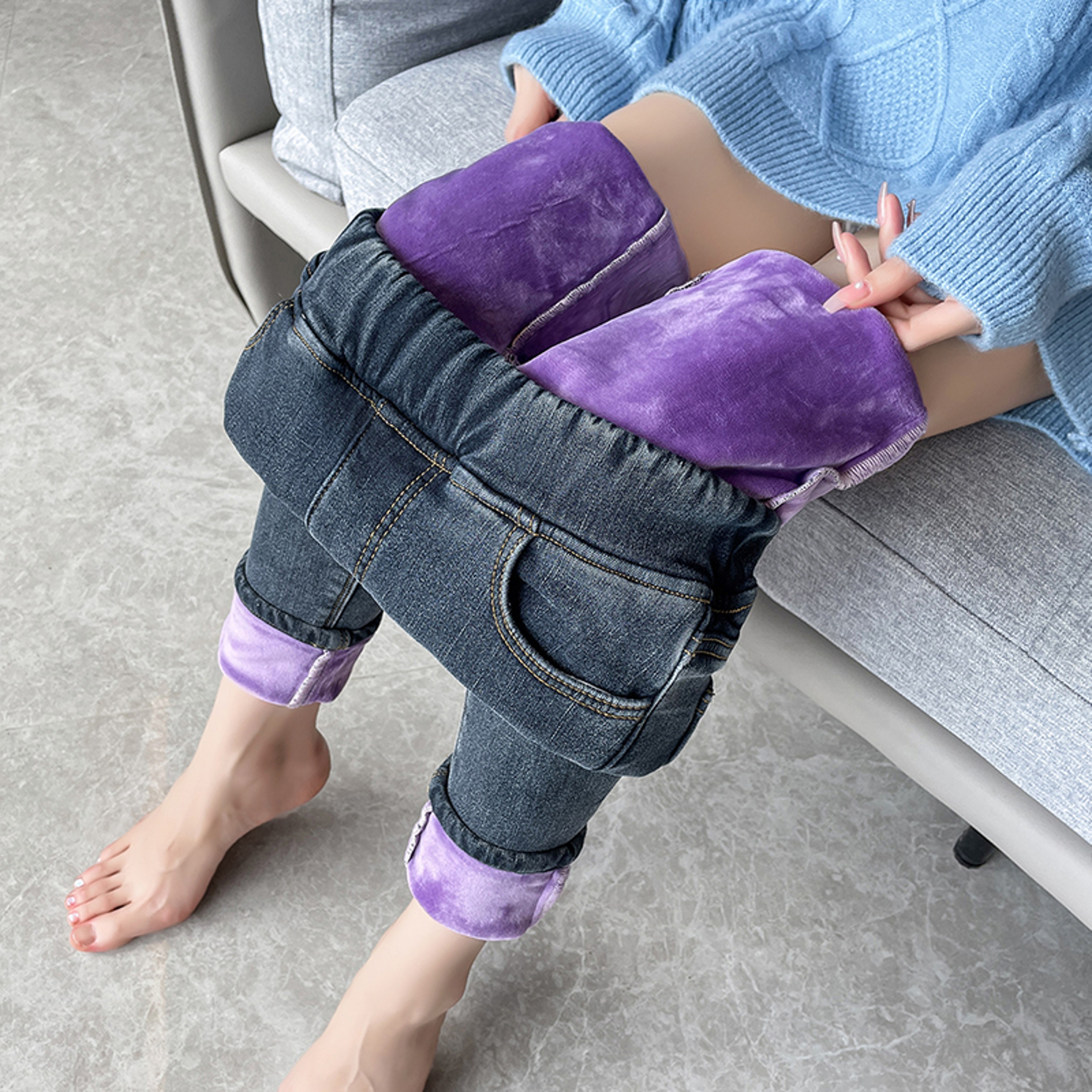 Womens Winter Jeans Fleece Lined Slim Pencil Trousers Elastic Waist Velvet Mom Denim Pants 2