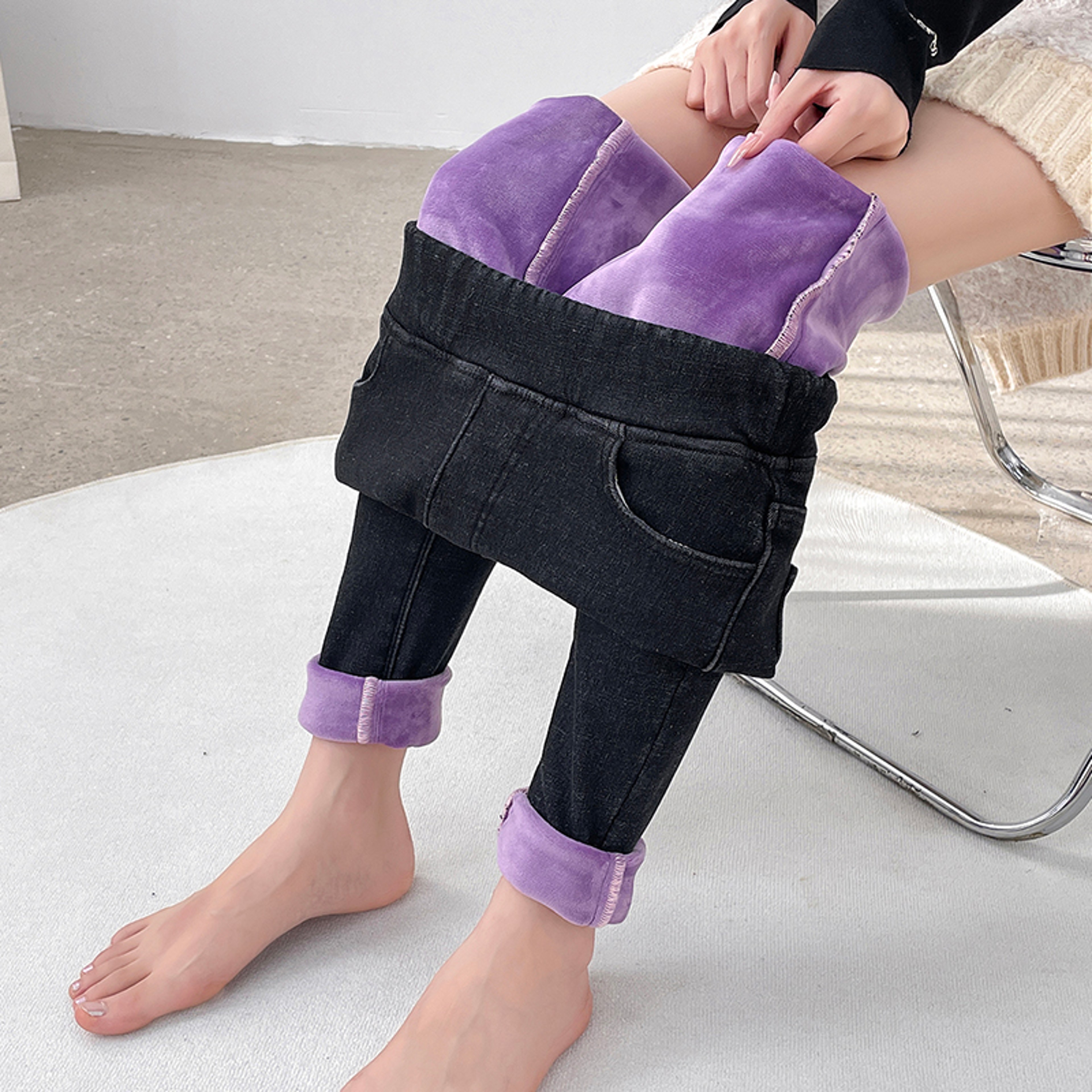 Womens Winter Jeans Fleece Lined Slim Pencil Trousers Elastic Waist Velvet Mom Denim Pants 7