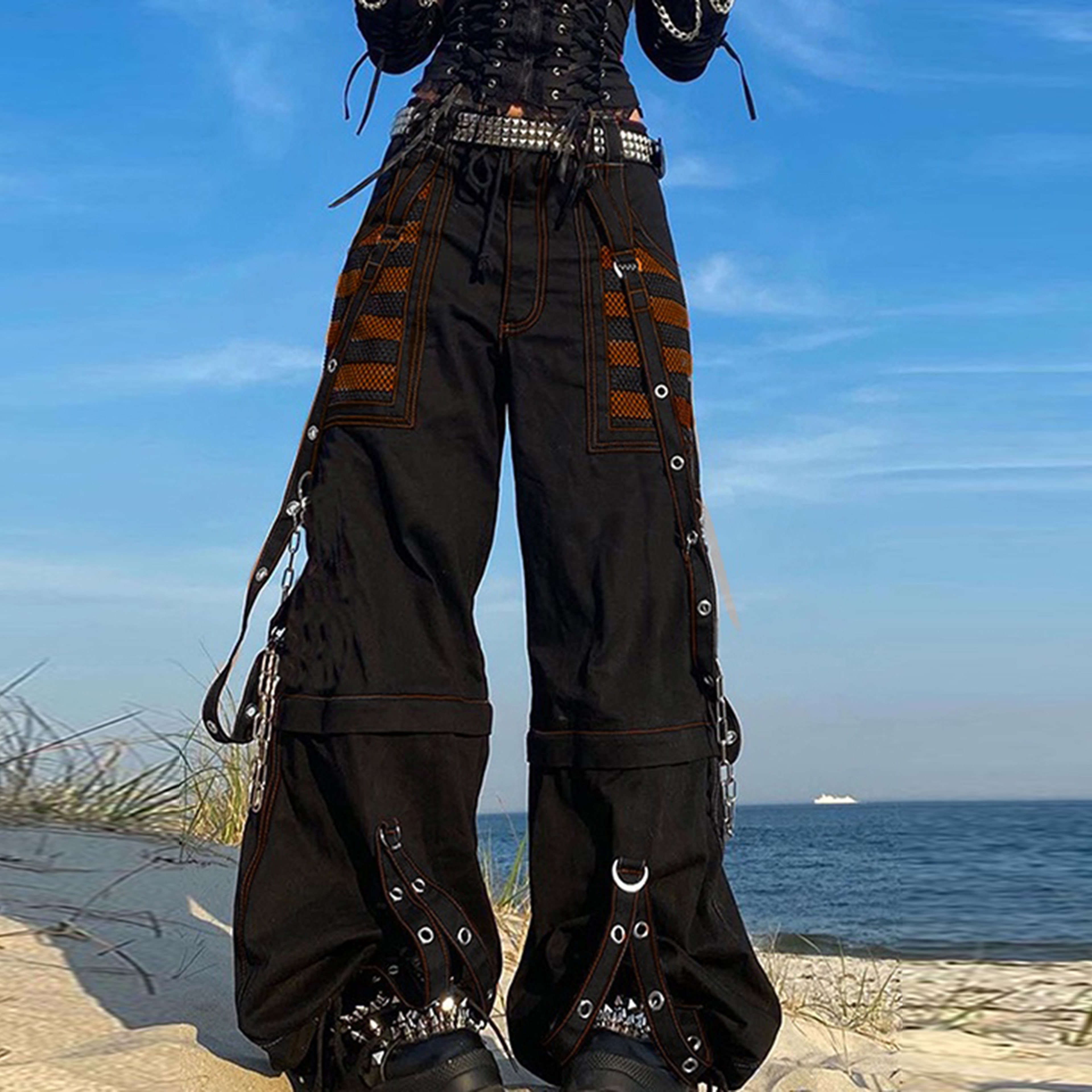 Women Fall Winter Cargo Jeans Striped Loose Casual Trousers Street Wear Pants With Pockets Zipper B 1