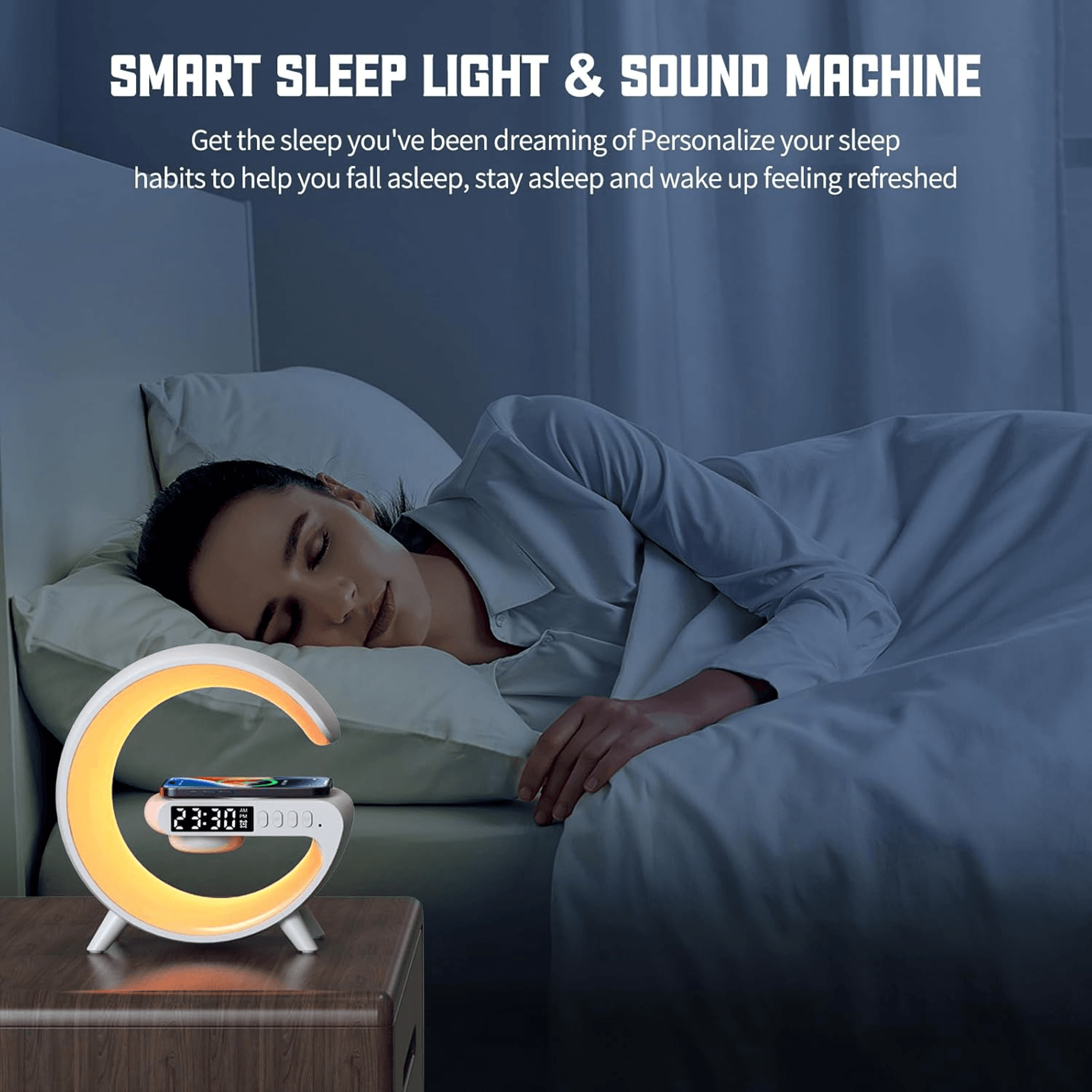 Wireless charging bedside alarm light with ambient glow