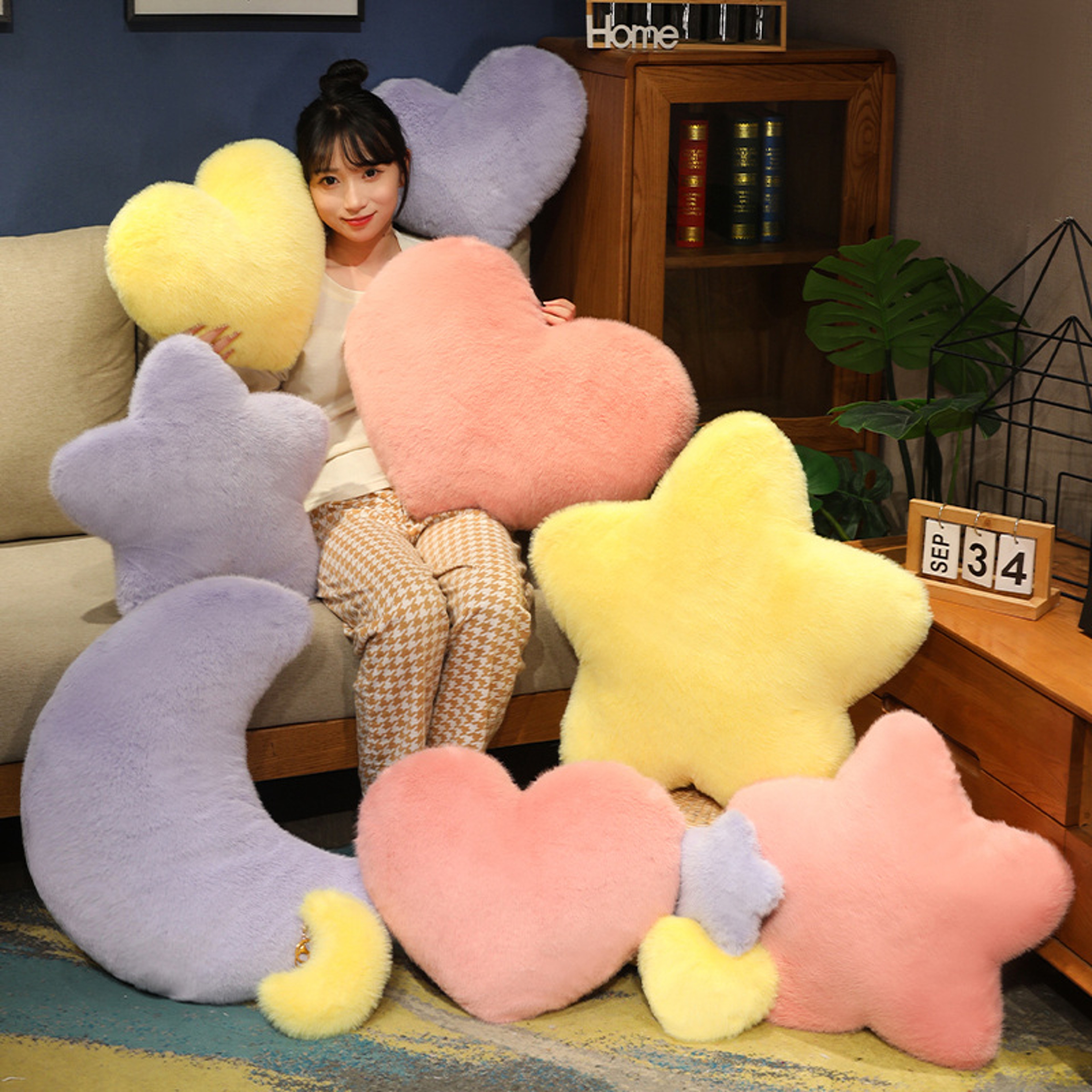 Fluffy Purple Pink Yellow Moon Star Heart Sky Pillow Plush Cushion For Sofa Chair Back Support Part 0