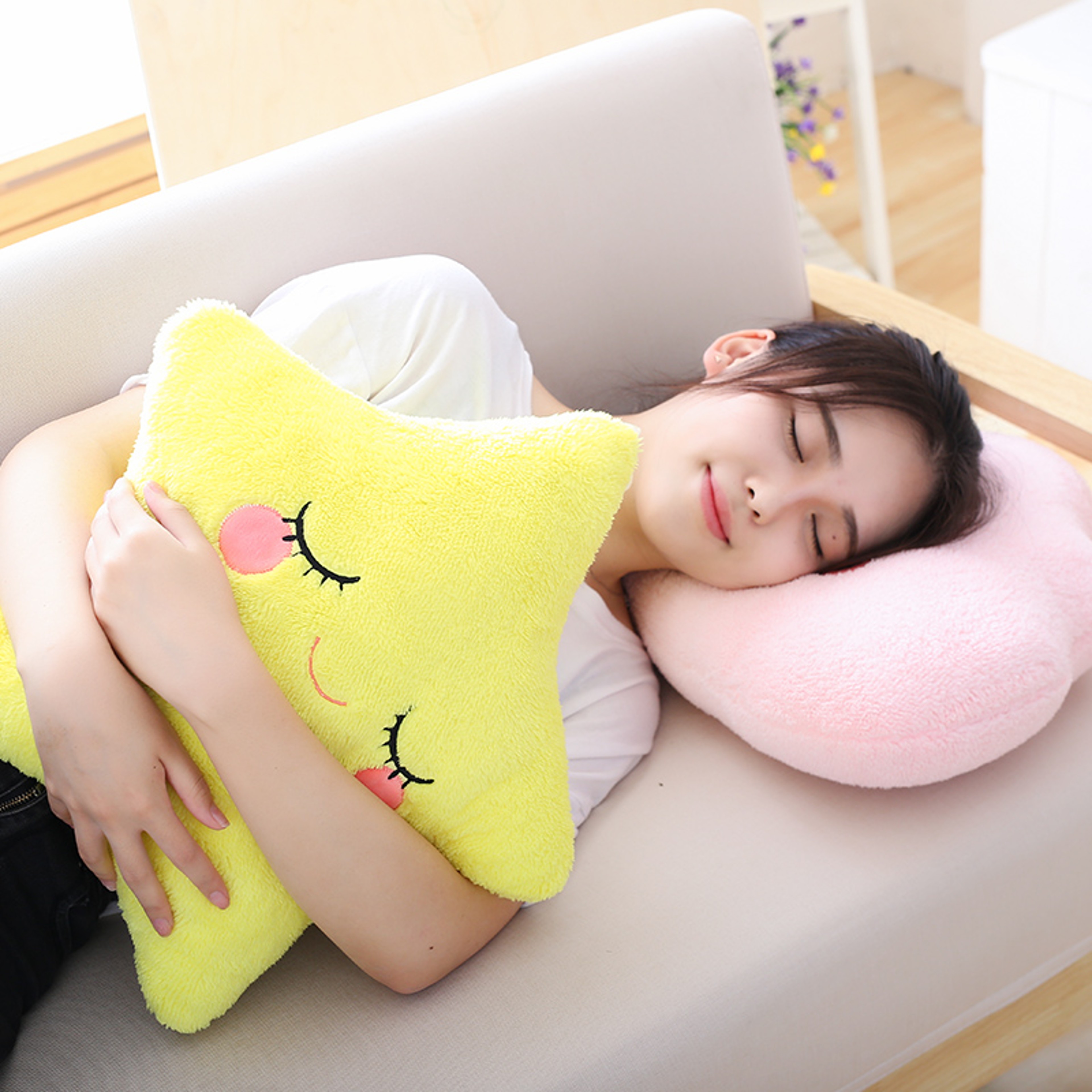 Soft Fluffy Star Cloud Moon Plush Pillow, Yellow Pink Blue Plushie Cushion, Shy Emotion Decoration – view 4