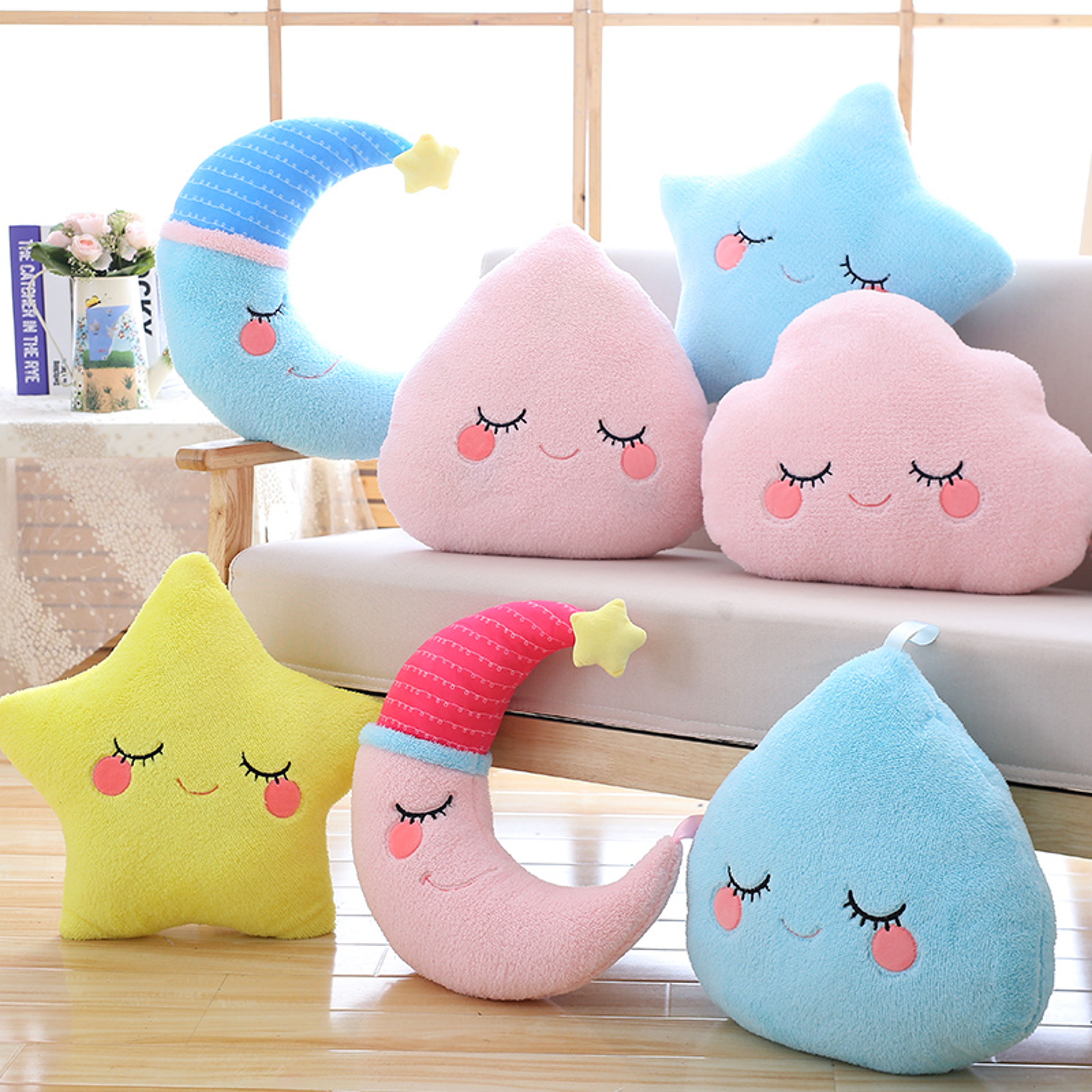 Soft Fluffy Star Cloud Moon Plush Pillow, Yellow Pink Blue Plushie Cushion, Shy Emotion Decoration – view 6