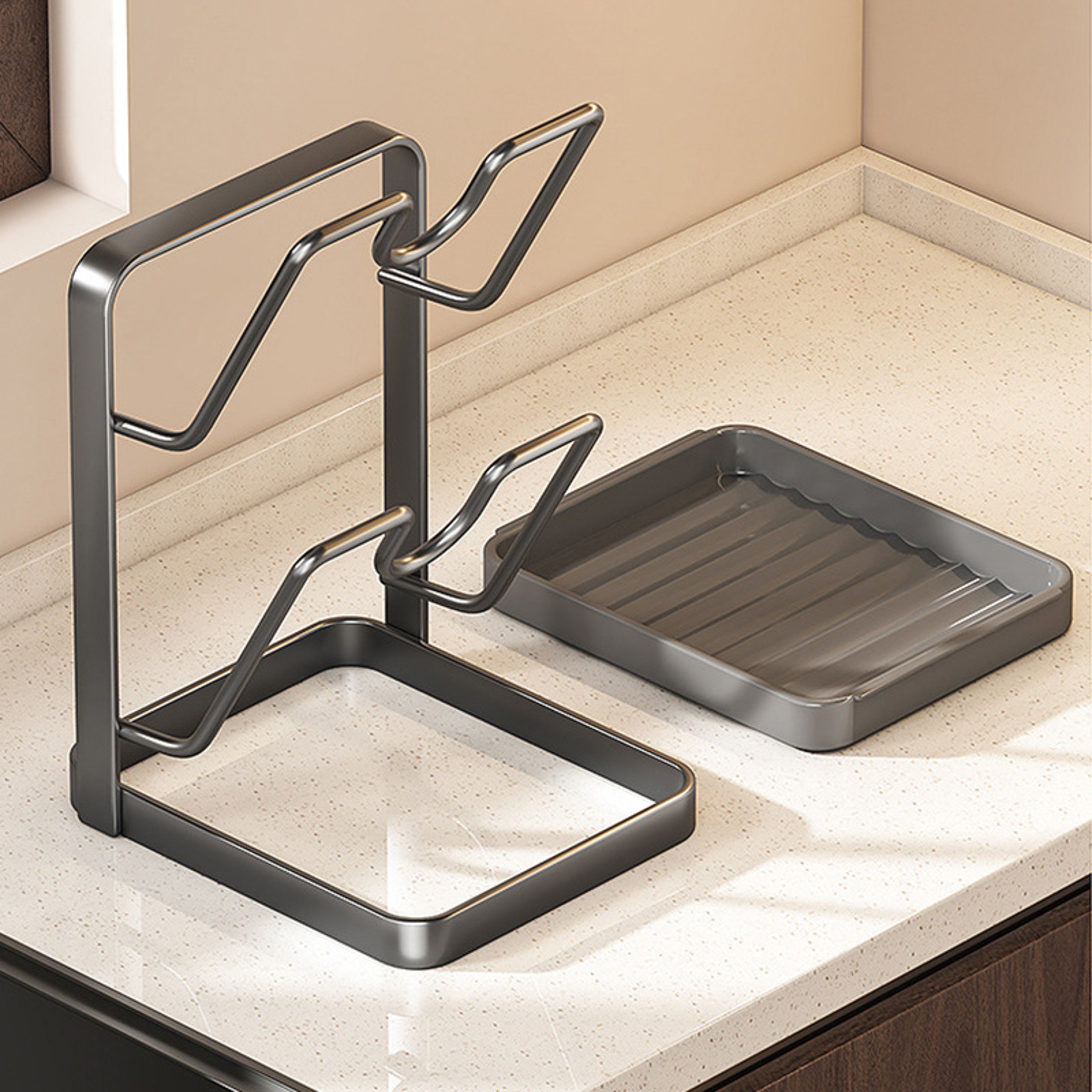 No Drill Kitchen Pot Lid Rack, Space Saving Countertop Organizer, Easy to Clean with Drainage Tray – view 3