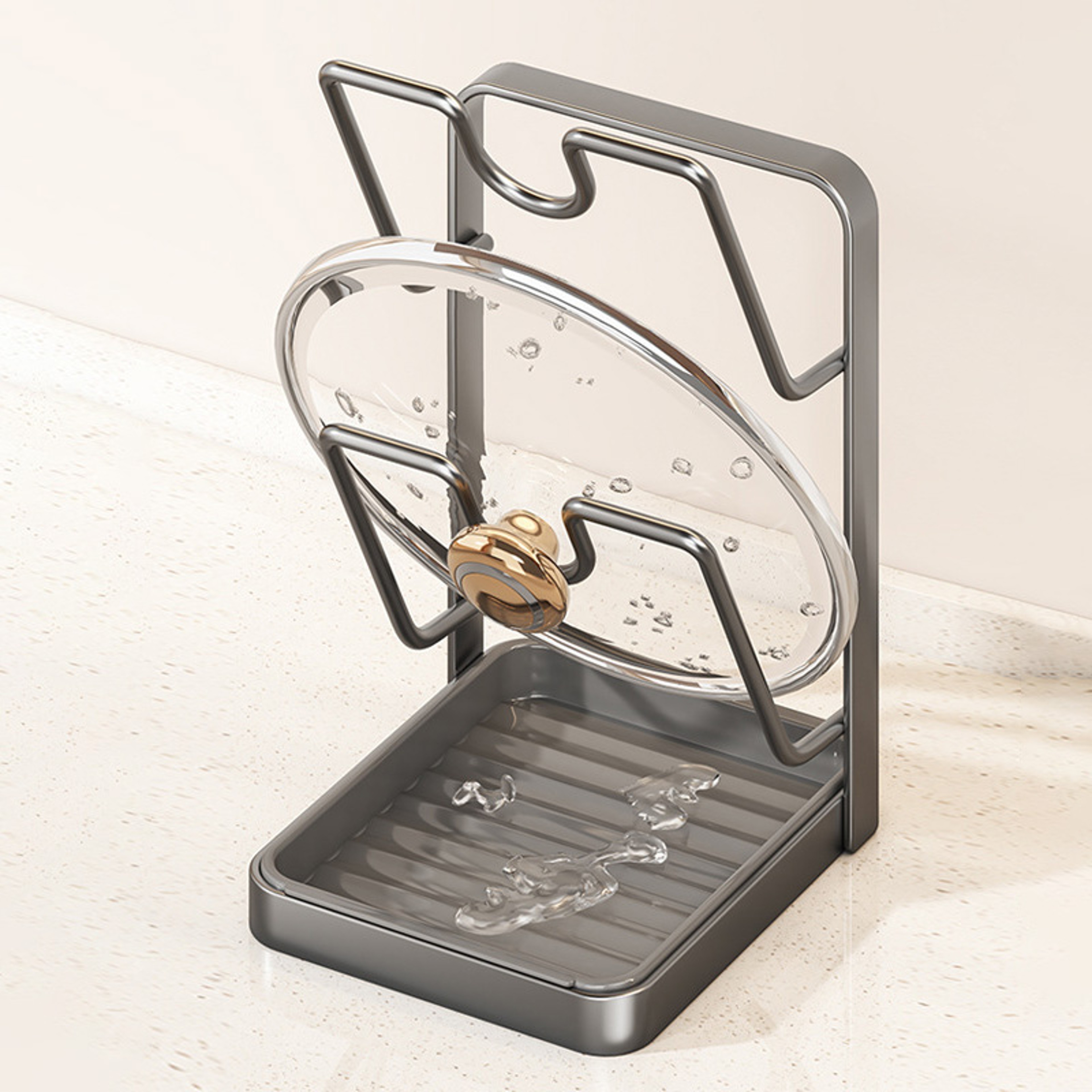 No Drill Kitchen Pot Lid Rack, Space Saving Countertop Organizer, Easy to Clean with Drainage Tray – view 4