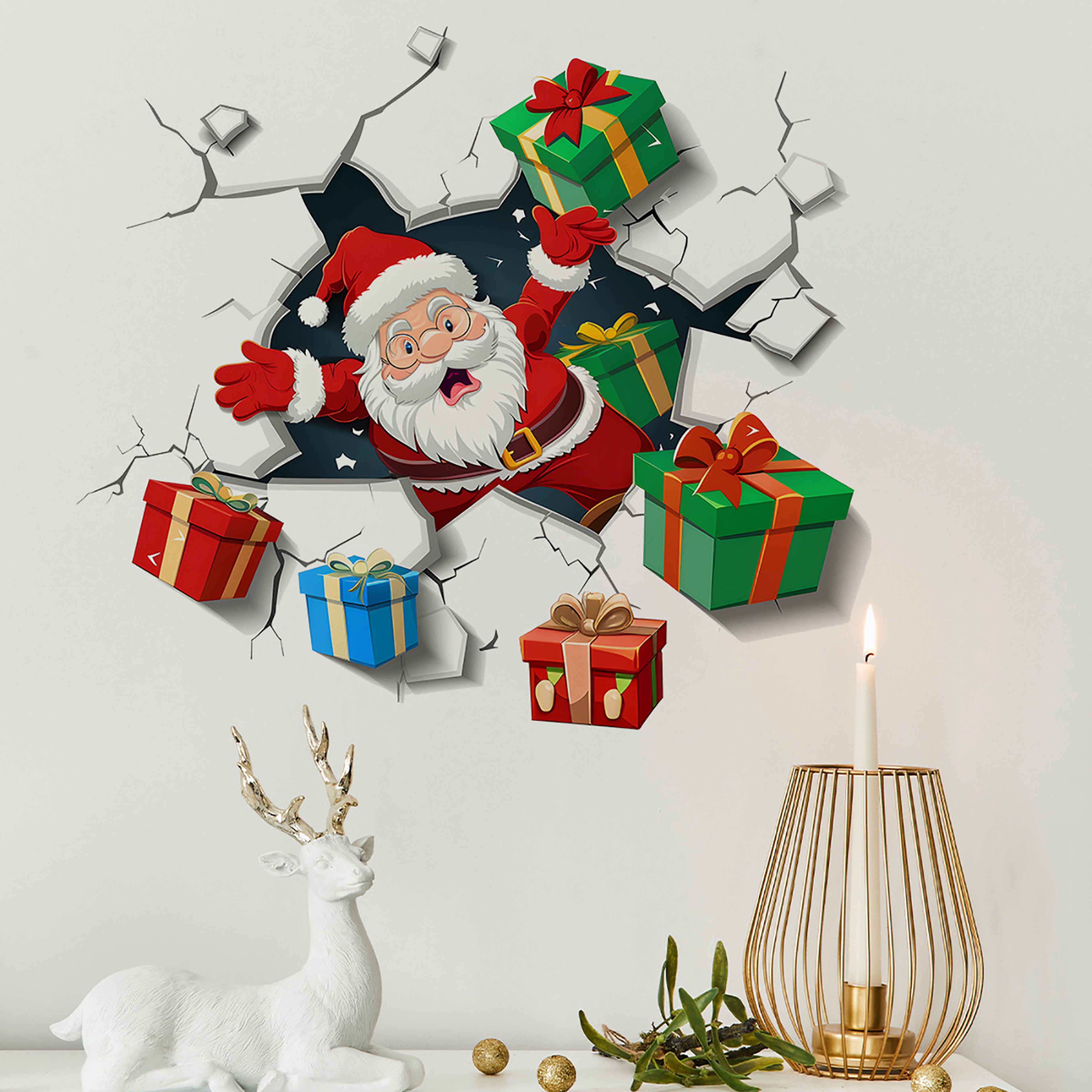 Christmas Wall Decoration Wallpaper, Wall Santa Claus With Gifts Visual Effect Stickers for Living Room – view 1