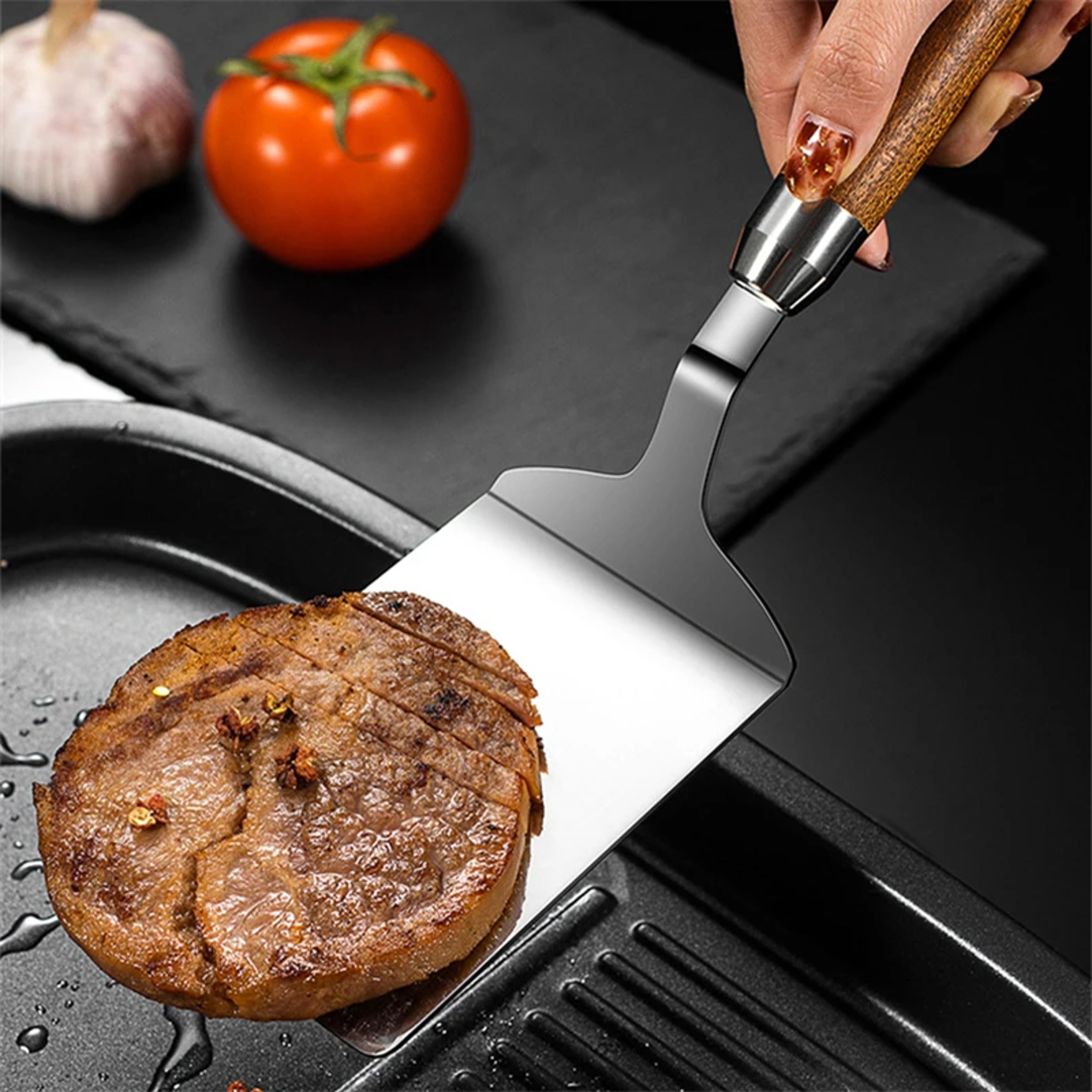 Wood Handle BBQ Utensils Stainless Steel Square Head Steak Turner Cooking Spatula Pizza Shovel Panc 1