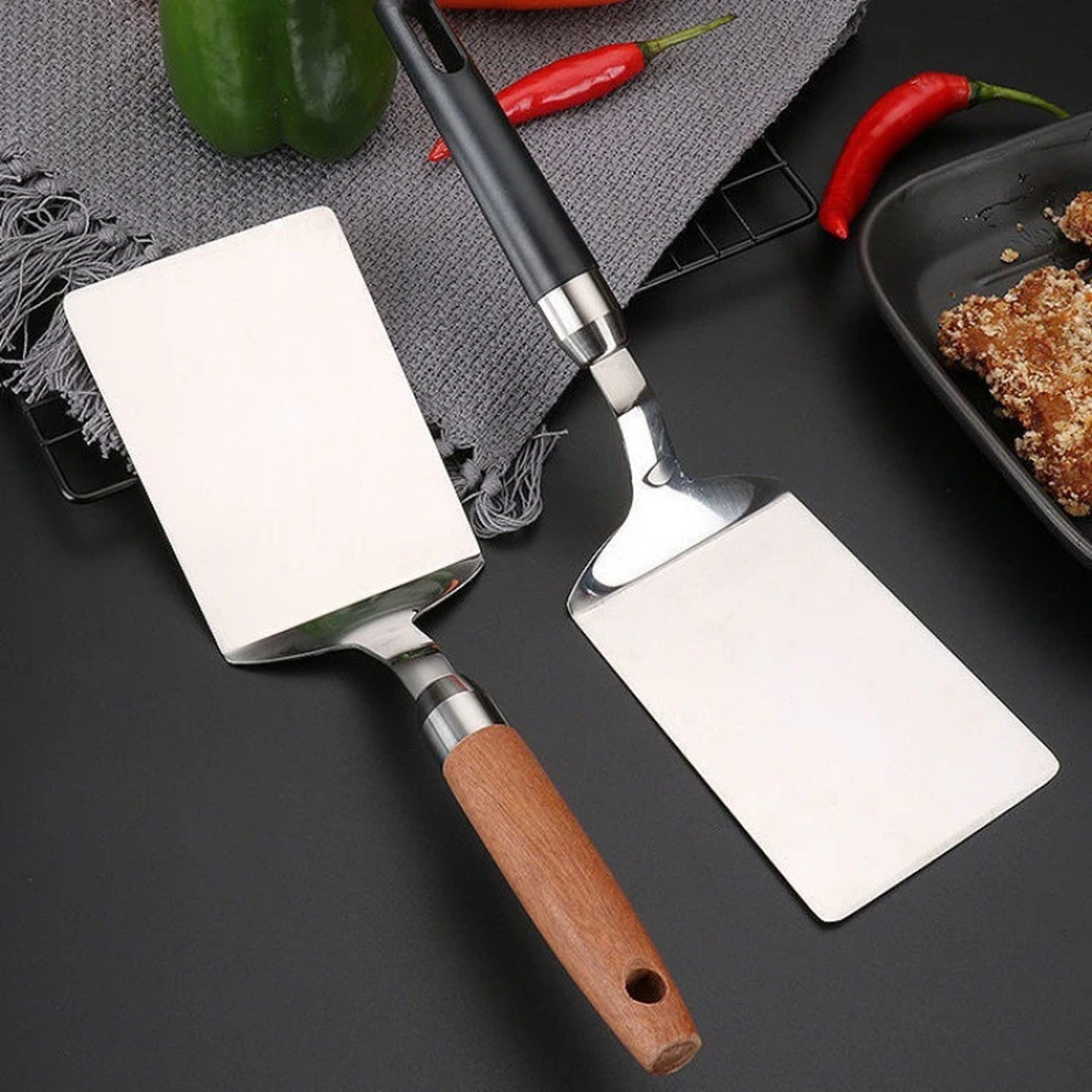 Wood Handle BBQ Utensils Stainless Steel Square Head Steak Turner Cooking Spatula Pizza Shovel Panc 5