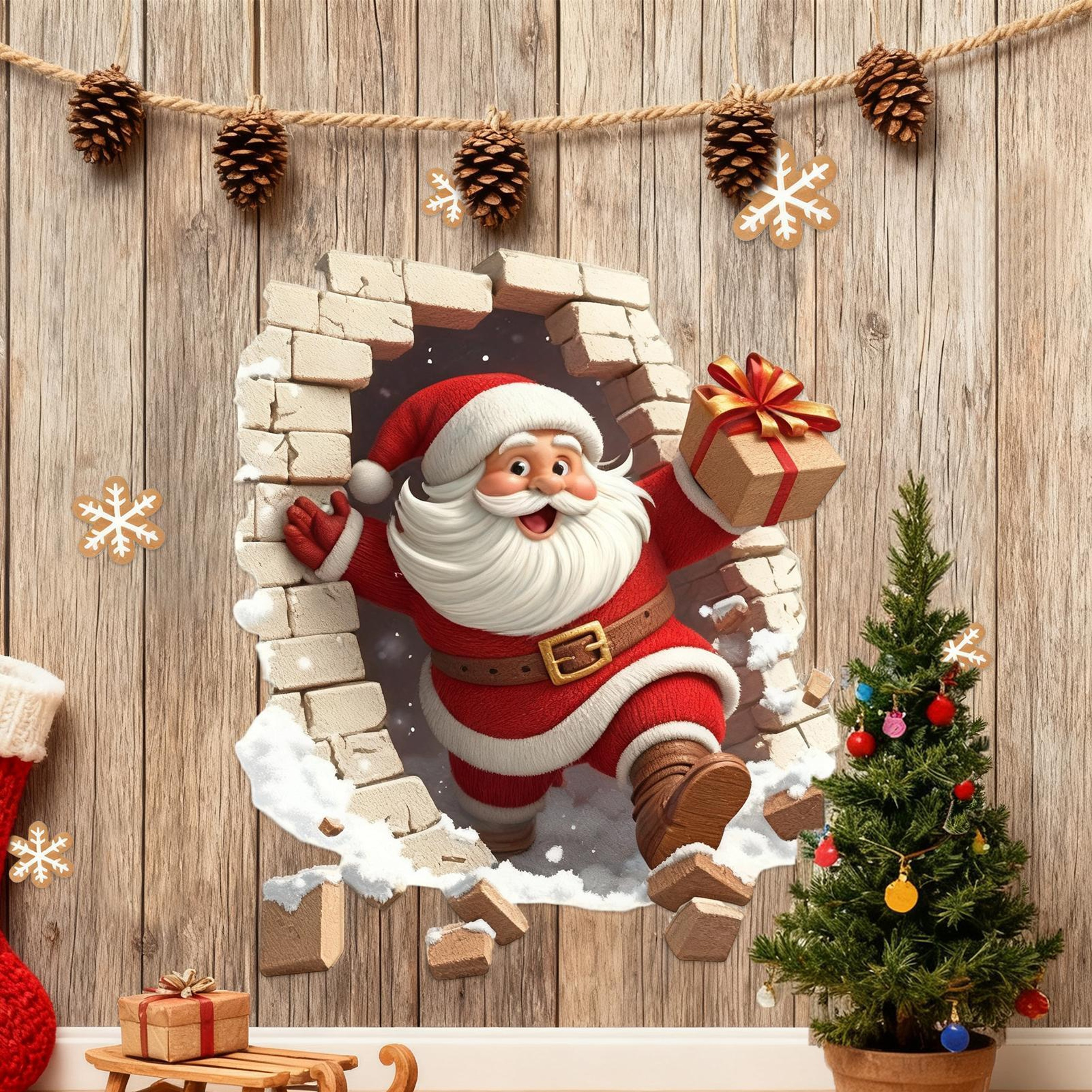 Santa Breaking Brick Wall Sticker, Santa Claus Wall Decal for Living Room, Christmas Decorations for Home Party – view 4