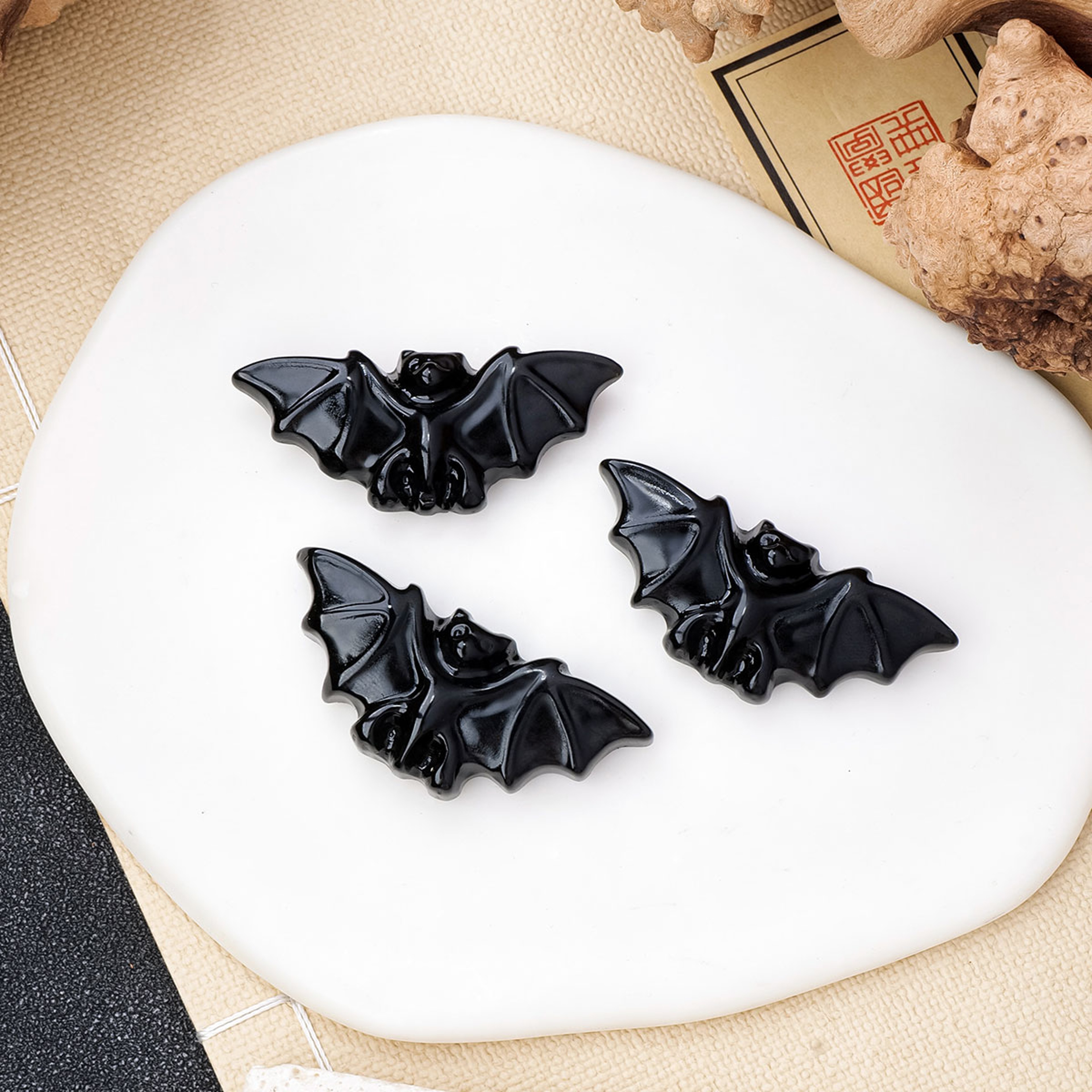 Carved Crystal Obsidian Bat Animal Figurine  Healing Energy Halloween Decoration Gift 4