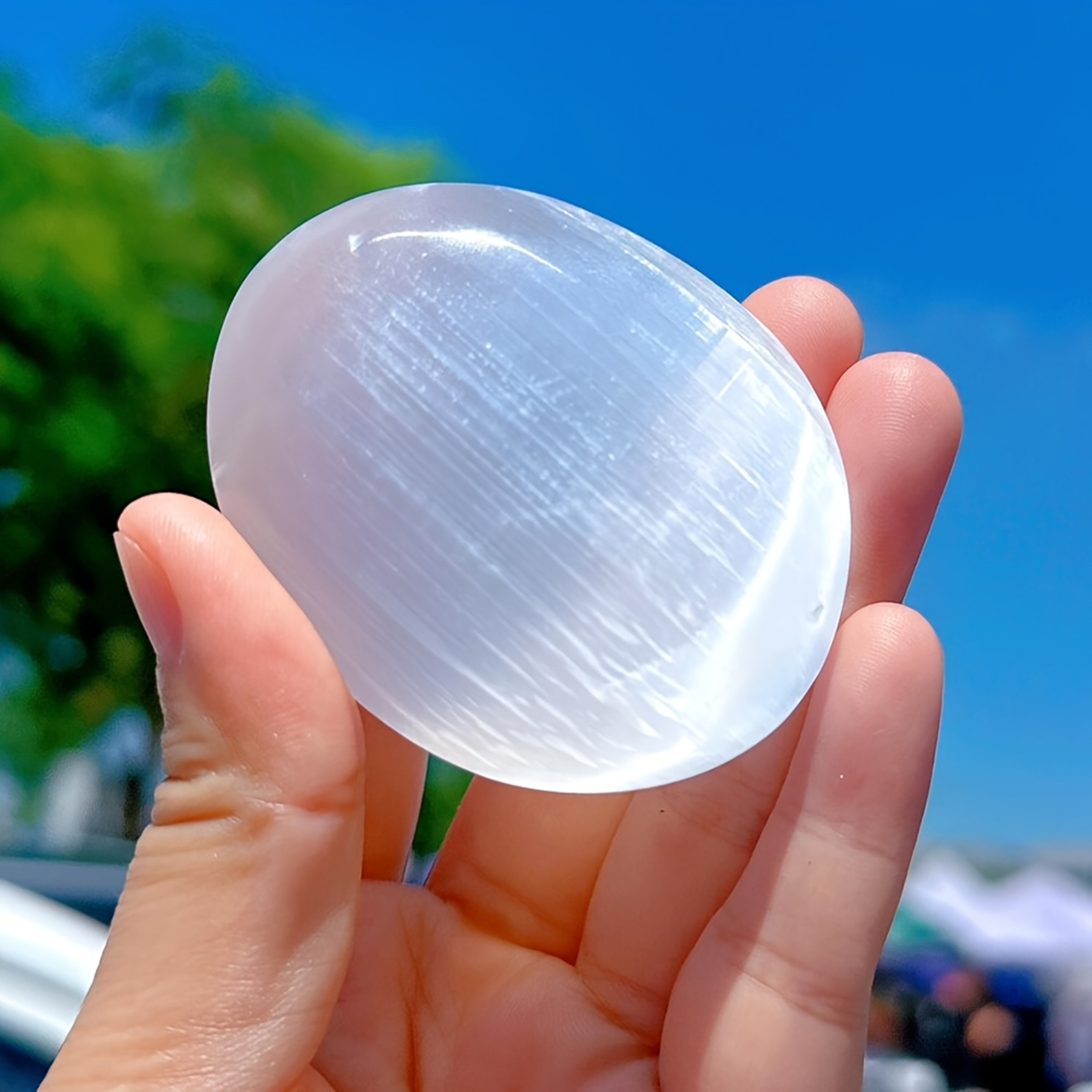 Oval Shape Polished Selenite Palm Crystal Stone, Natural Mineral Design for Meditation & Holiday Home Decor Gift – view 7