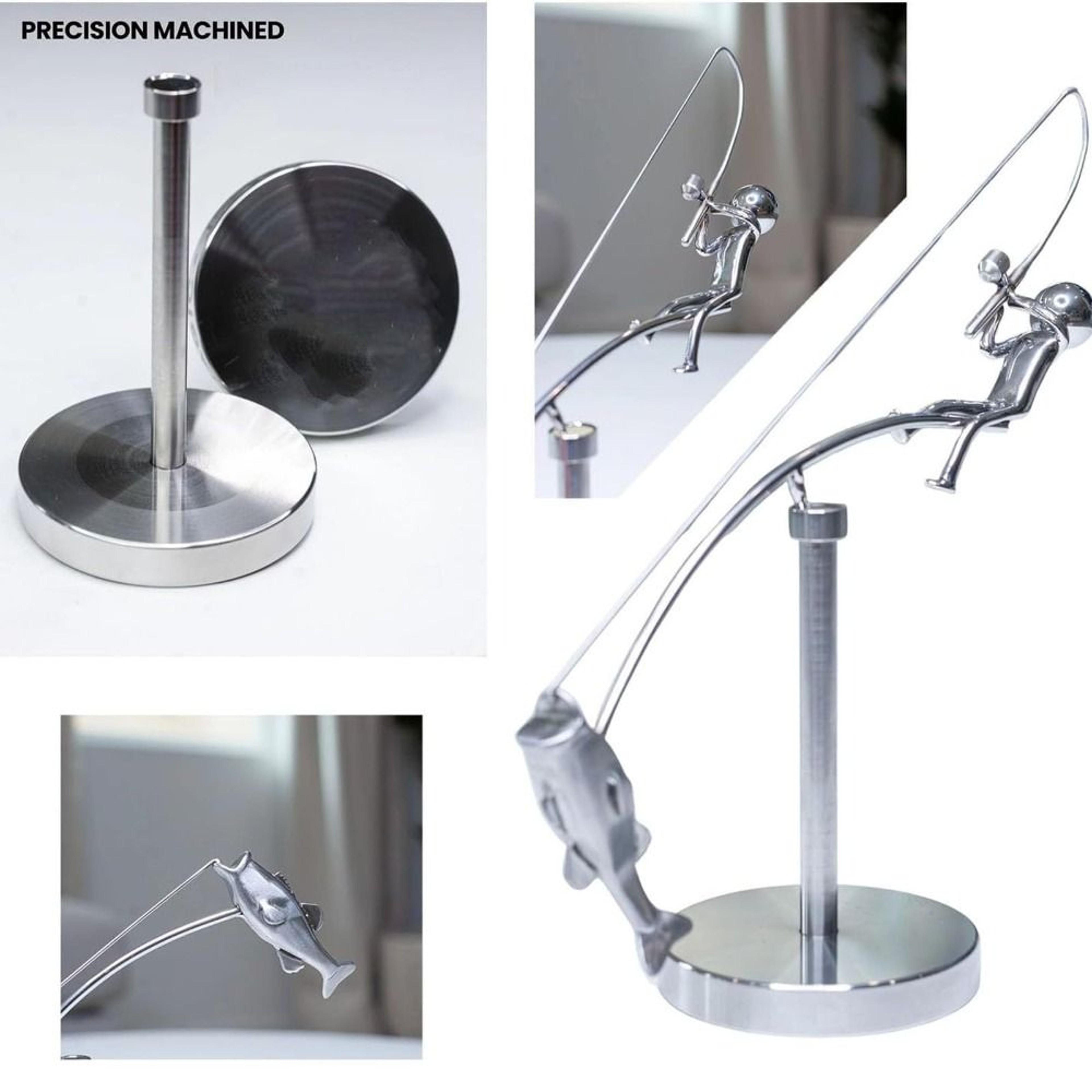Metal Fisherman Balancing Sculpture, Handmade Kinetic Fishing Statue Desk Ornament Gift for Fisherman Lovers – view 4