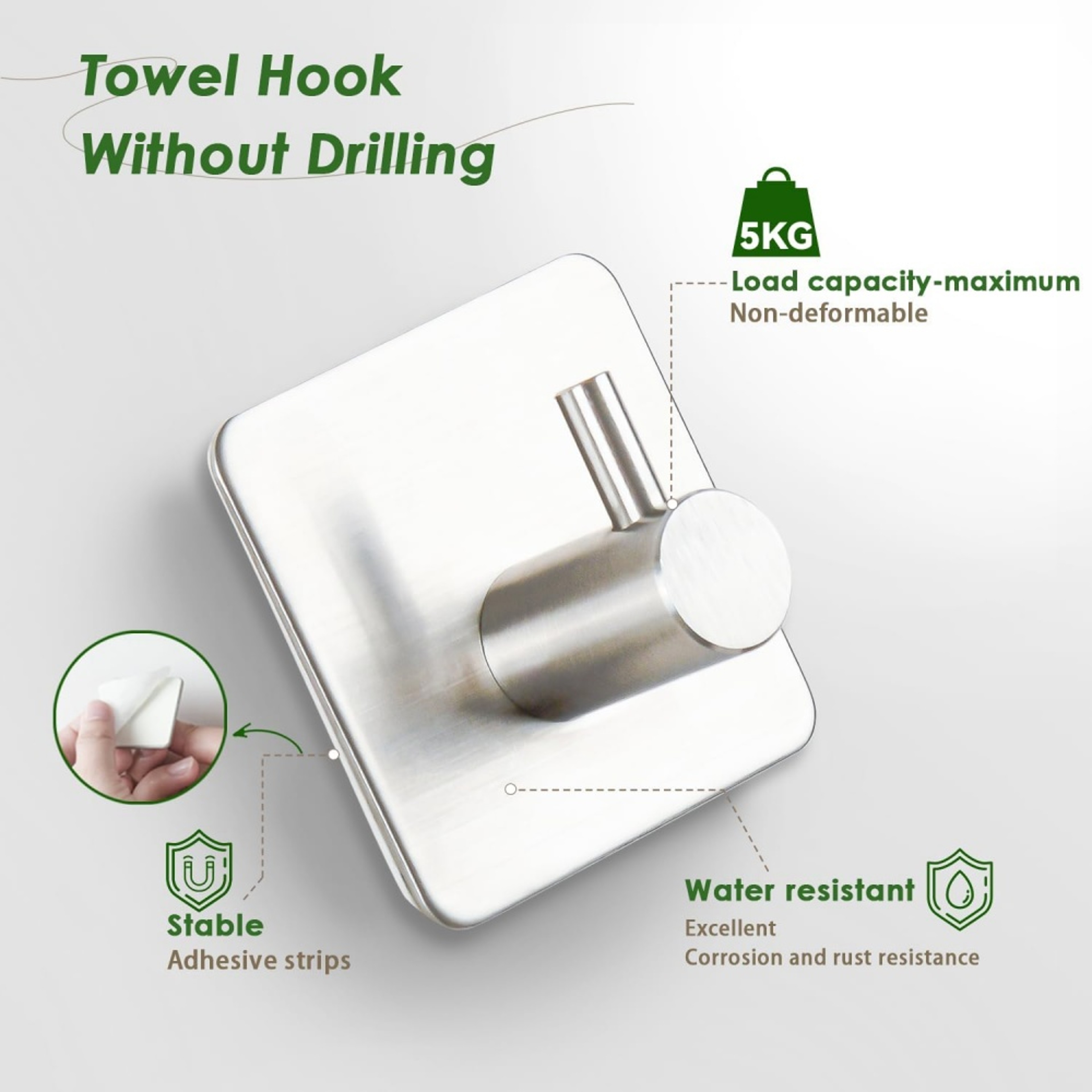 Premium Self Adhesive Heavy Duty Wall Hook Towel Rack Stainless Steel No Drilling Waterproof 1
