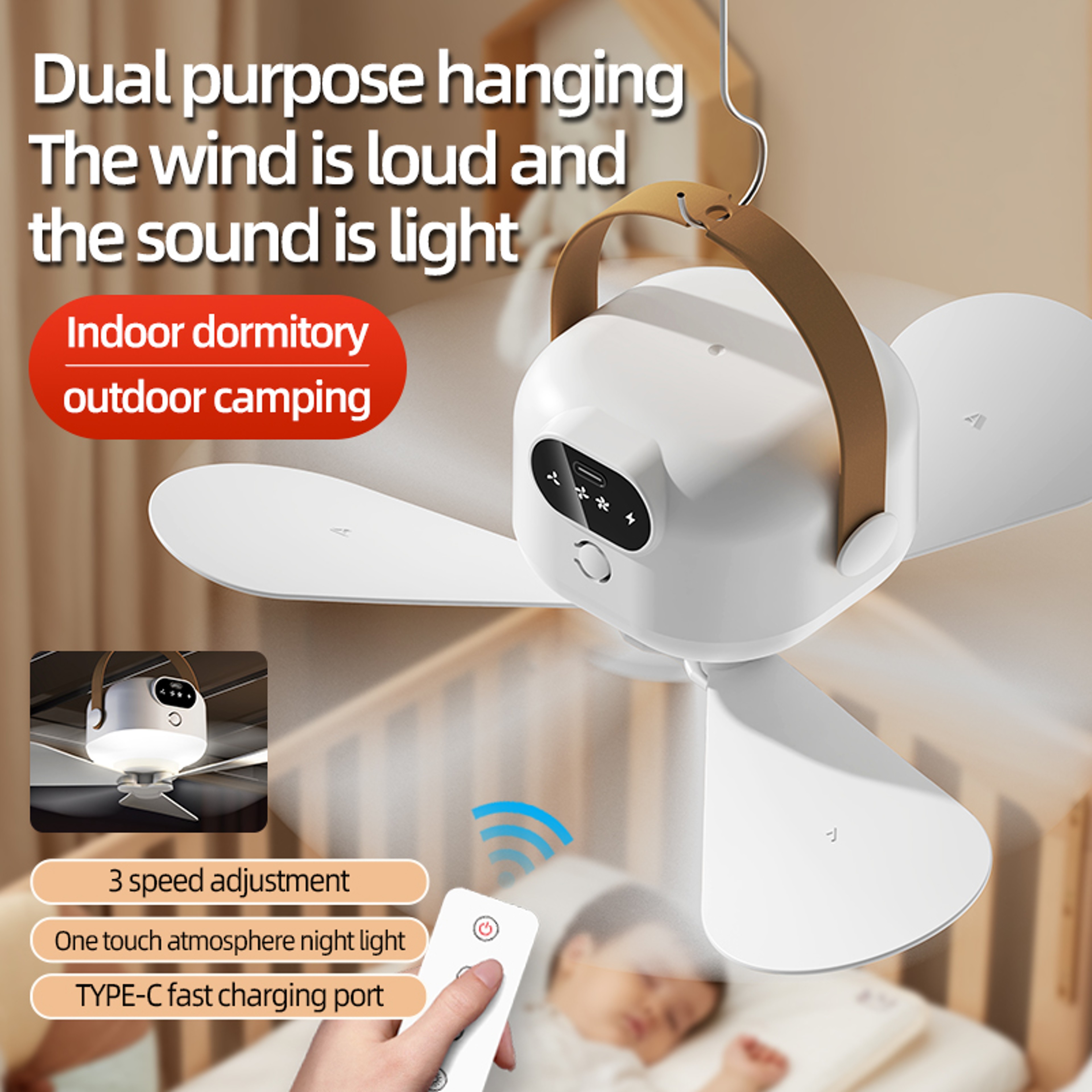 Portable Camping Tent Fan With LED Light  Remote Control 1