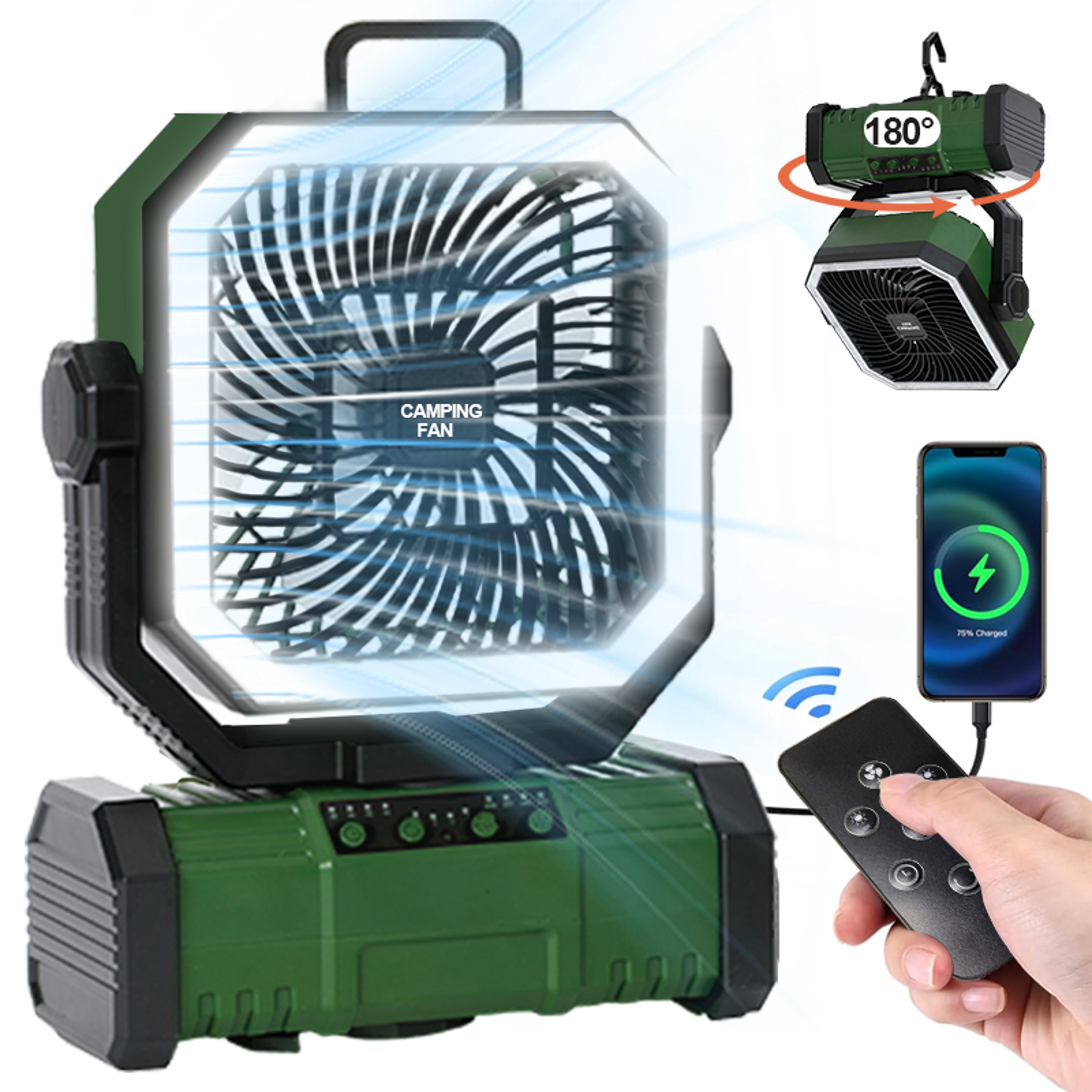 Rechargeable Camping Fan With LED Light Remote Control  Tent Ceiling Hook 11