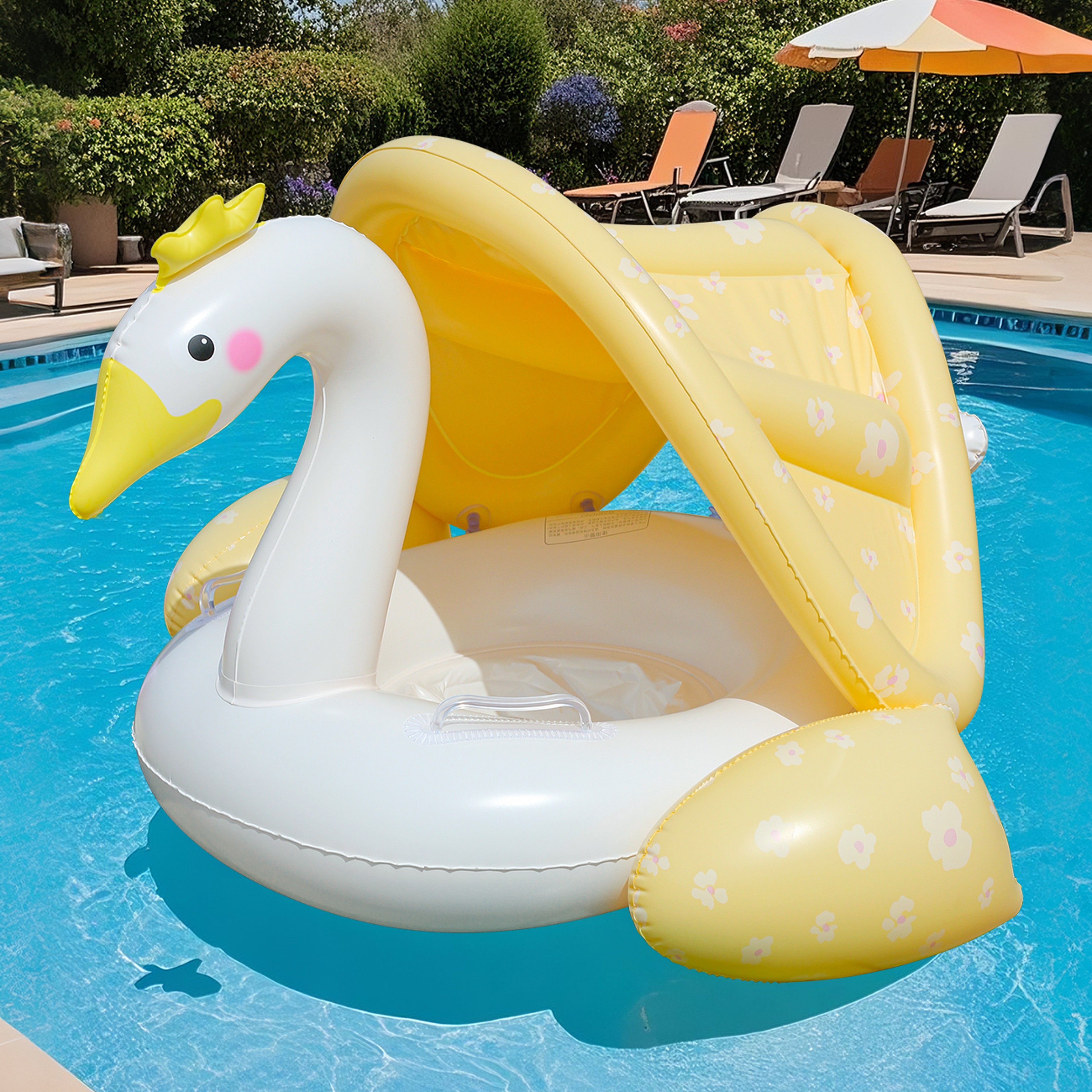 Cream Swan Canopy Pool Float For Kids  Toddlers With Sun Shade Swim Ring 0