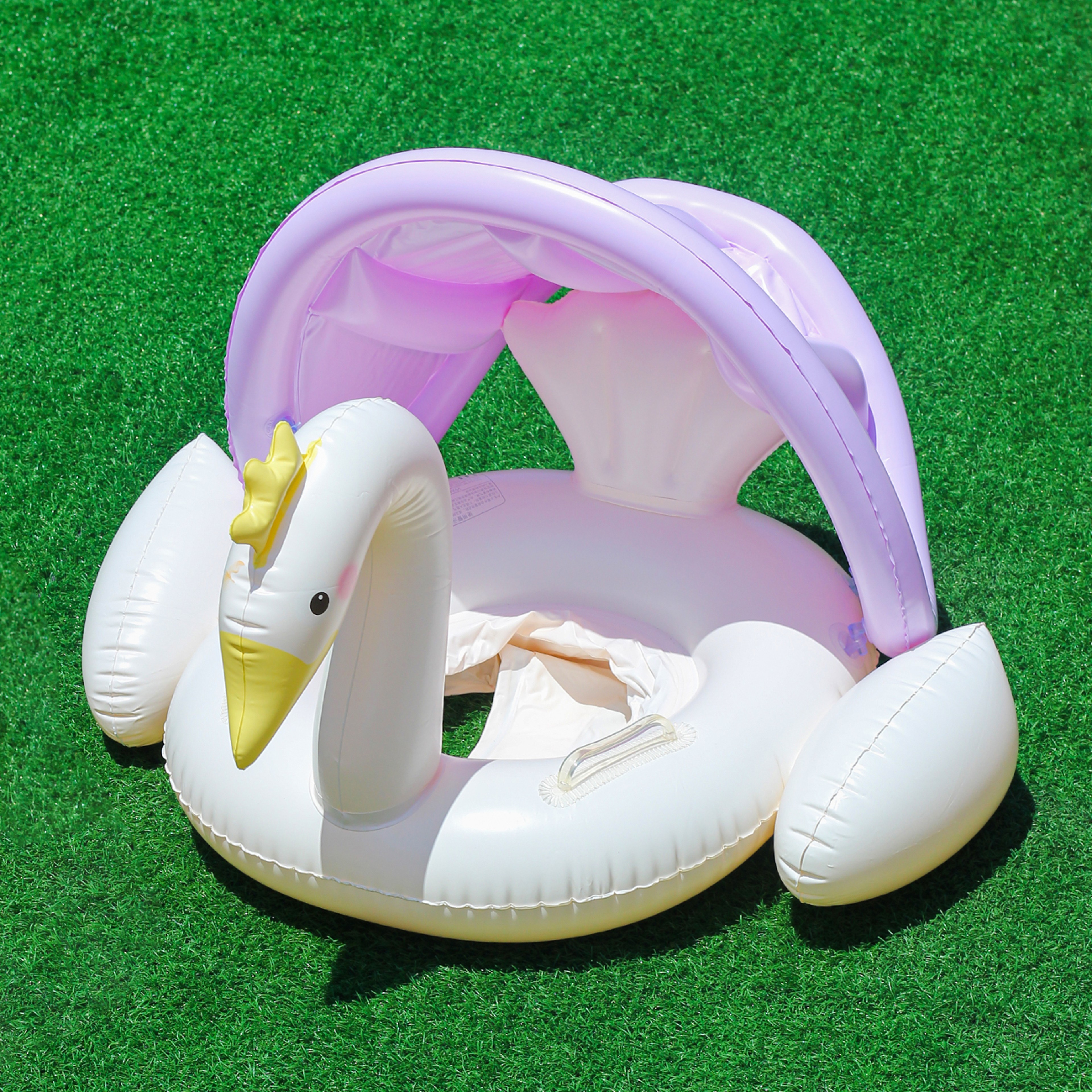 Cream Swan Canopy Pool Float For Kids  Toddlers With Sun Shade Swim Ring 1