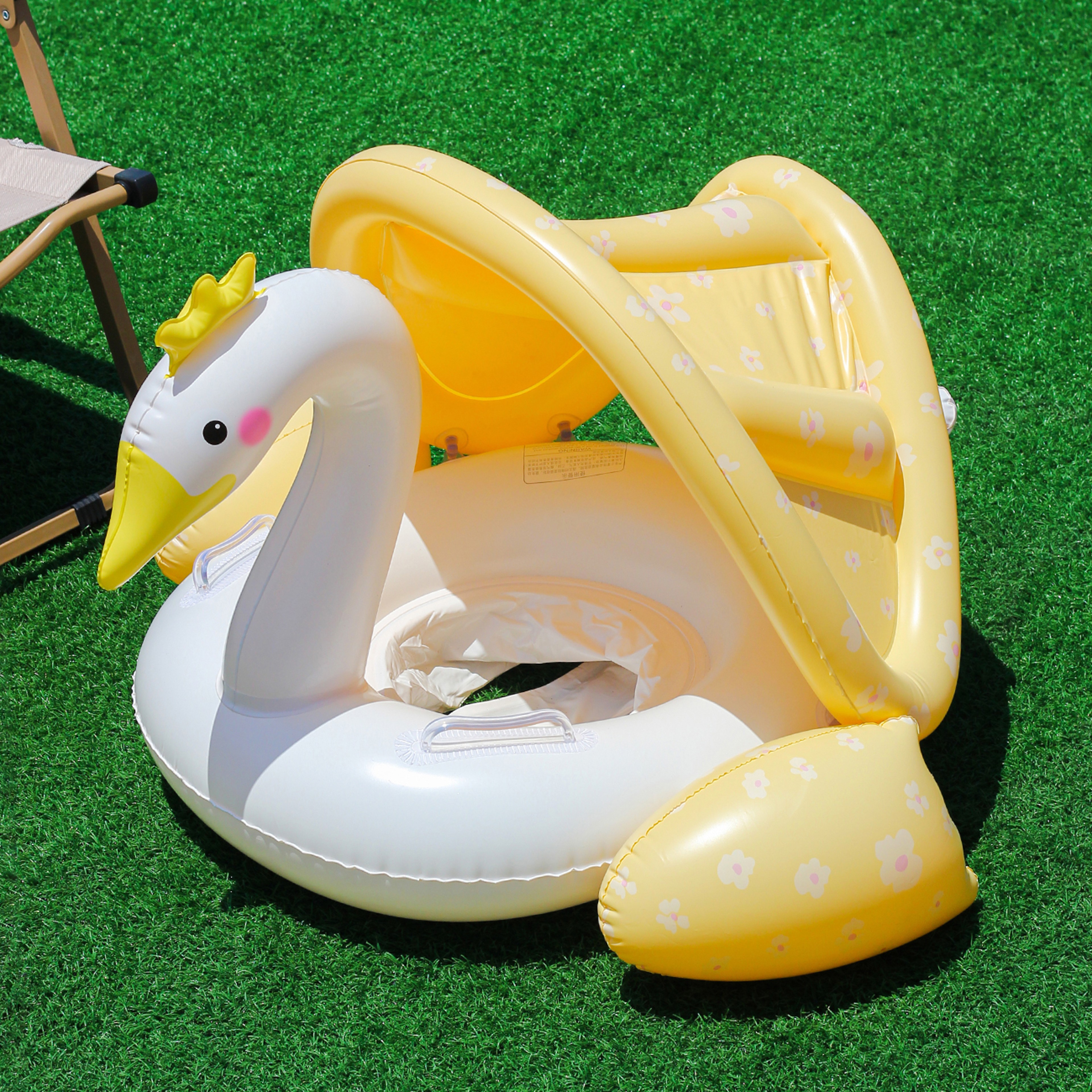 Cream Swan Canopy Pool Float For Kids  Toddlers With Sun Shade Swim Ring 4