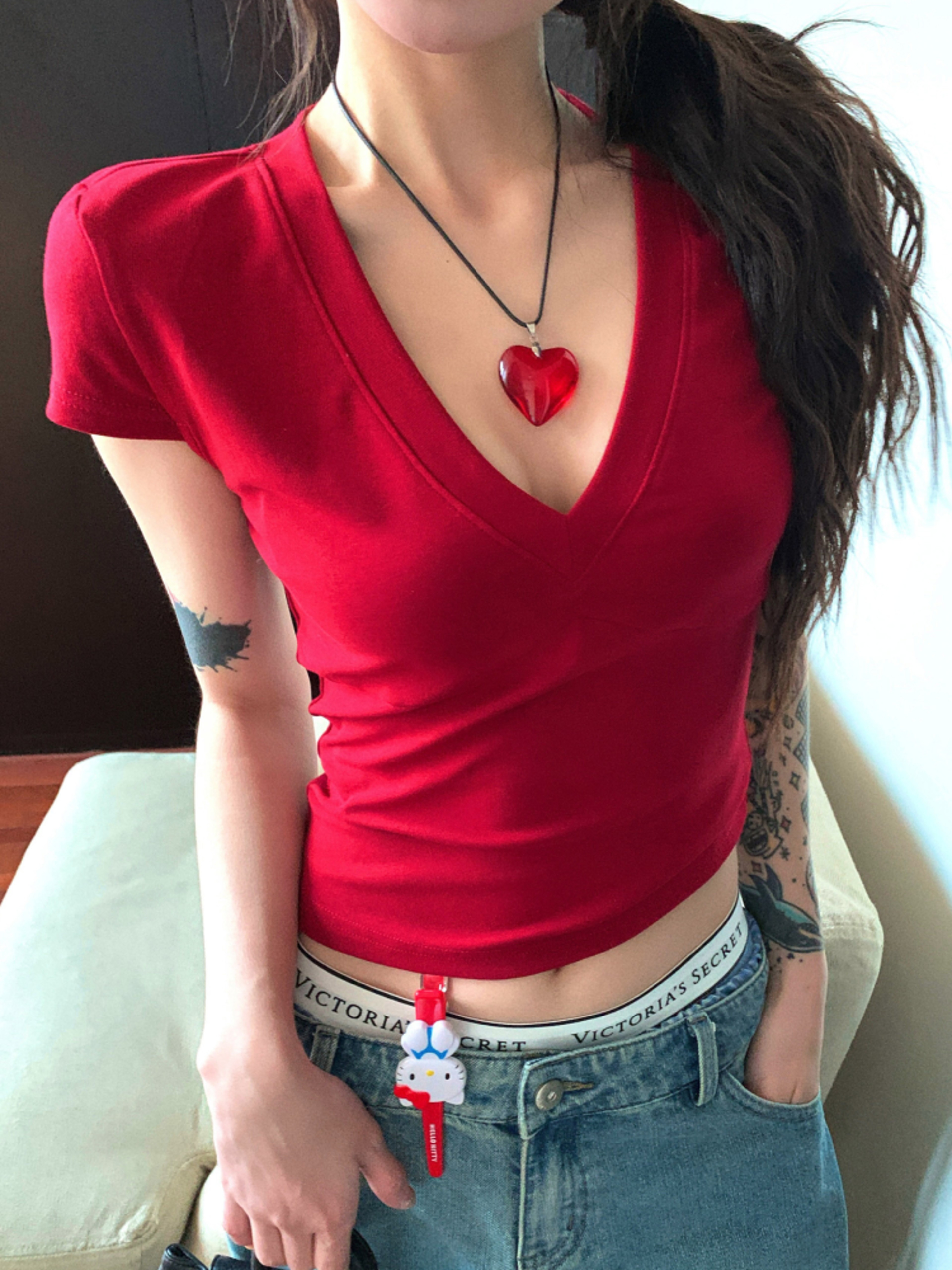 Retro Chic V Neck Womens Crop Top Slim Fit Summer Tee 0