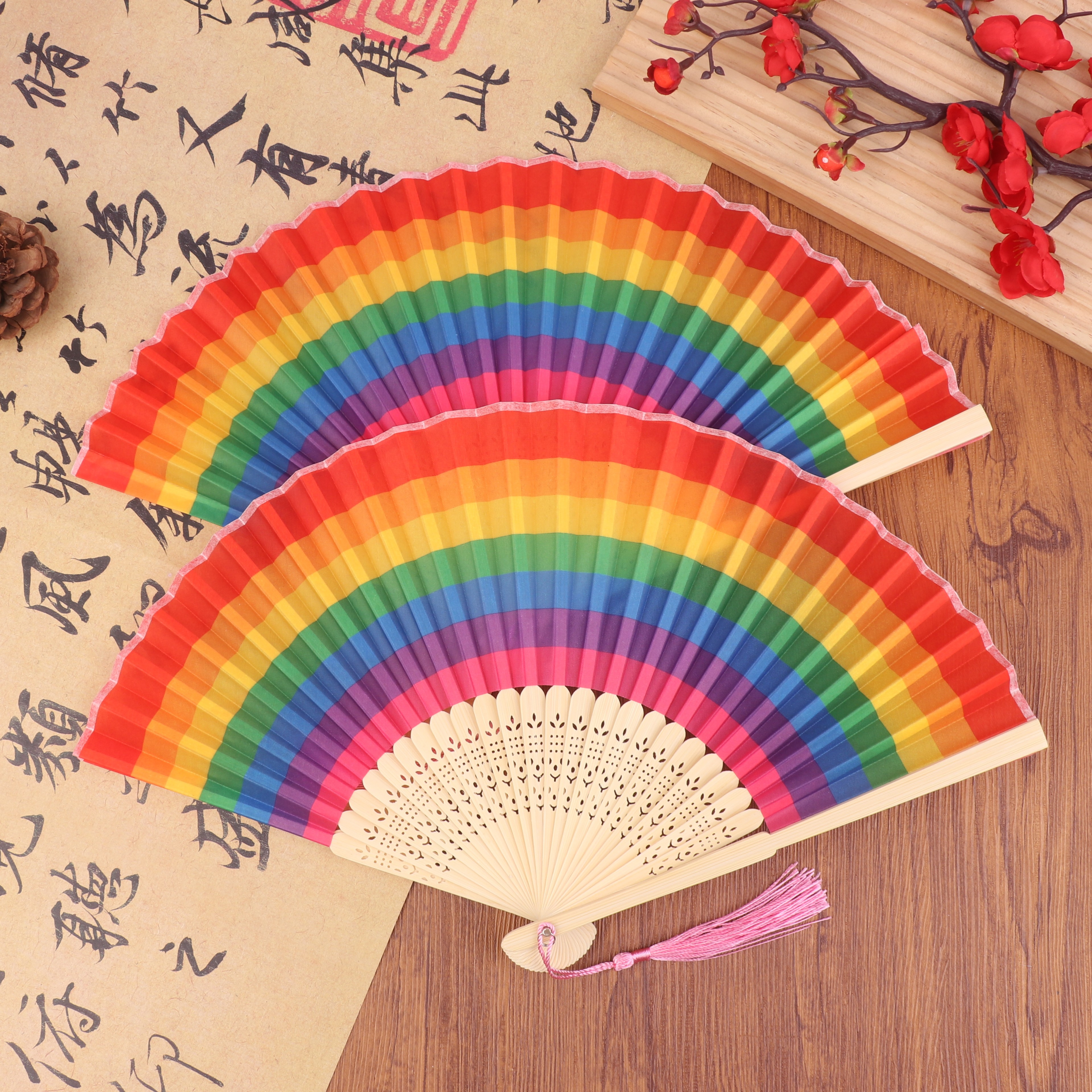 Rainbow Spanish Folding Hand Fan Set For Dance Festivals  Wedding Decor 0