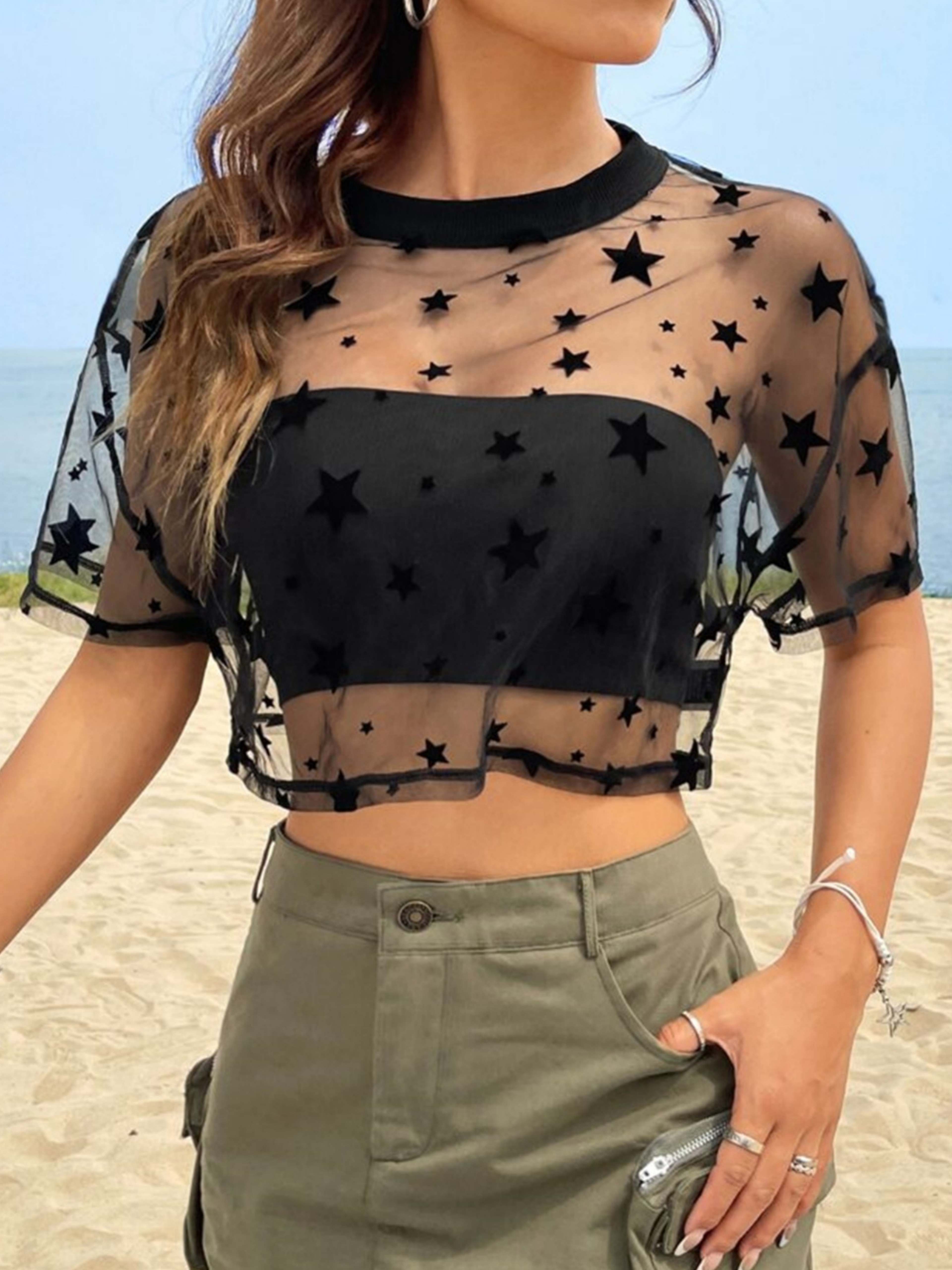 Heart Whisper Sheer Mesh Crop Top For Women Vintage Heart Print Summer Baby Tee 2