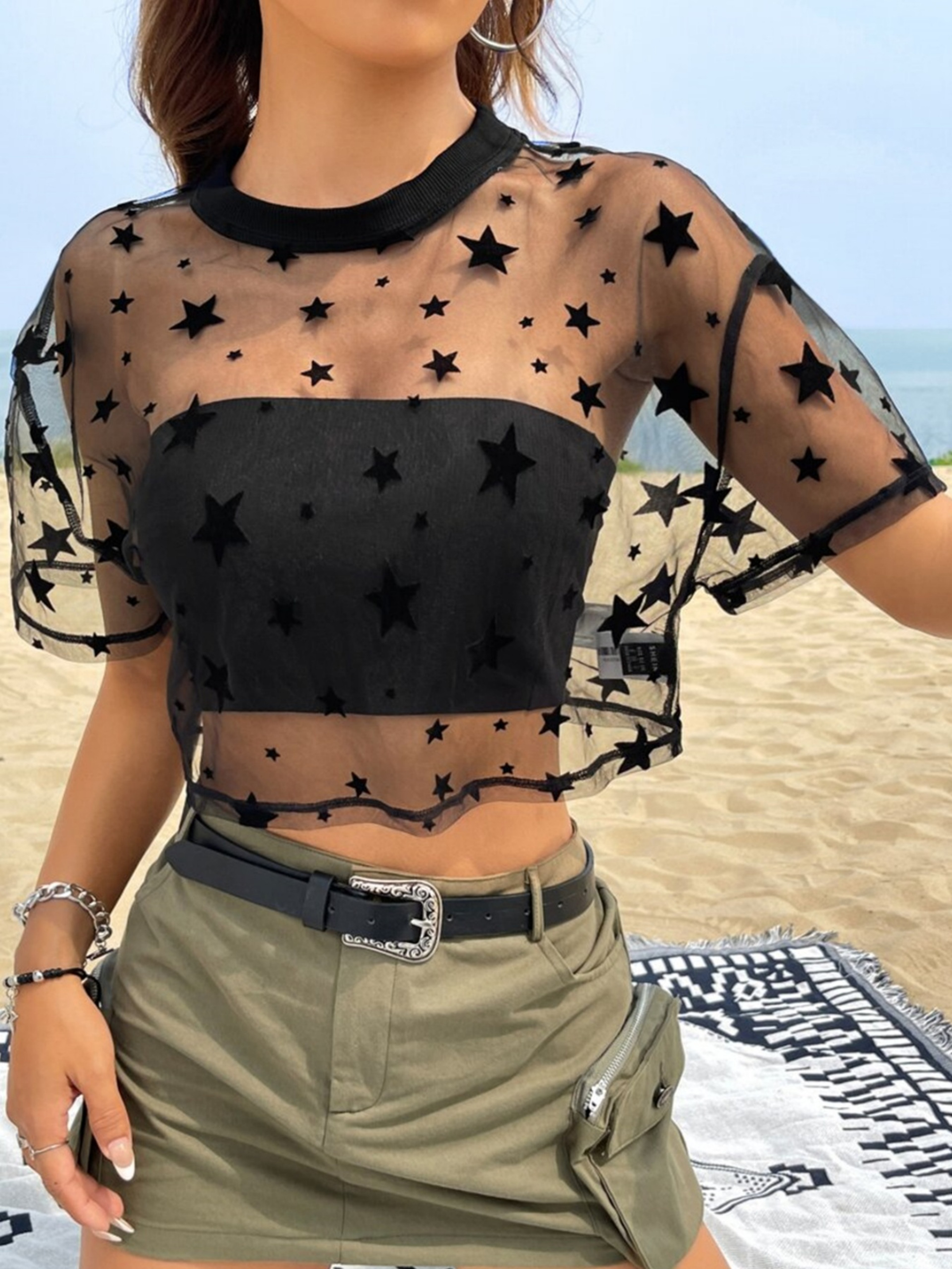 Heart Whisper Sheer Mesh Crop Top For Women Vintage Heart Print Summer Baby Tee 3