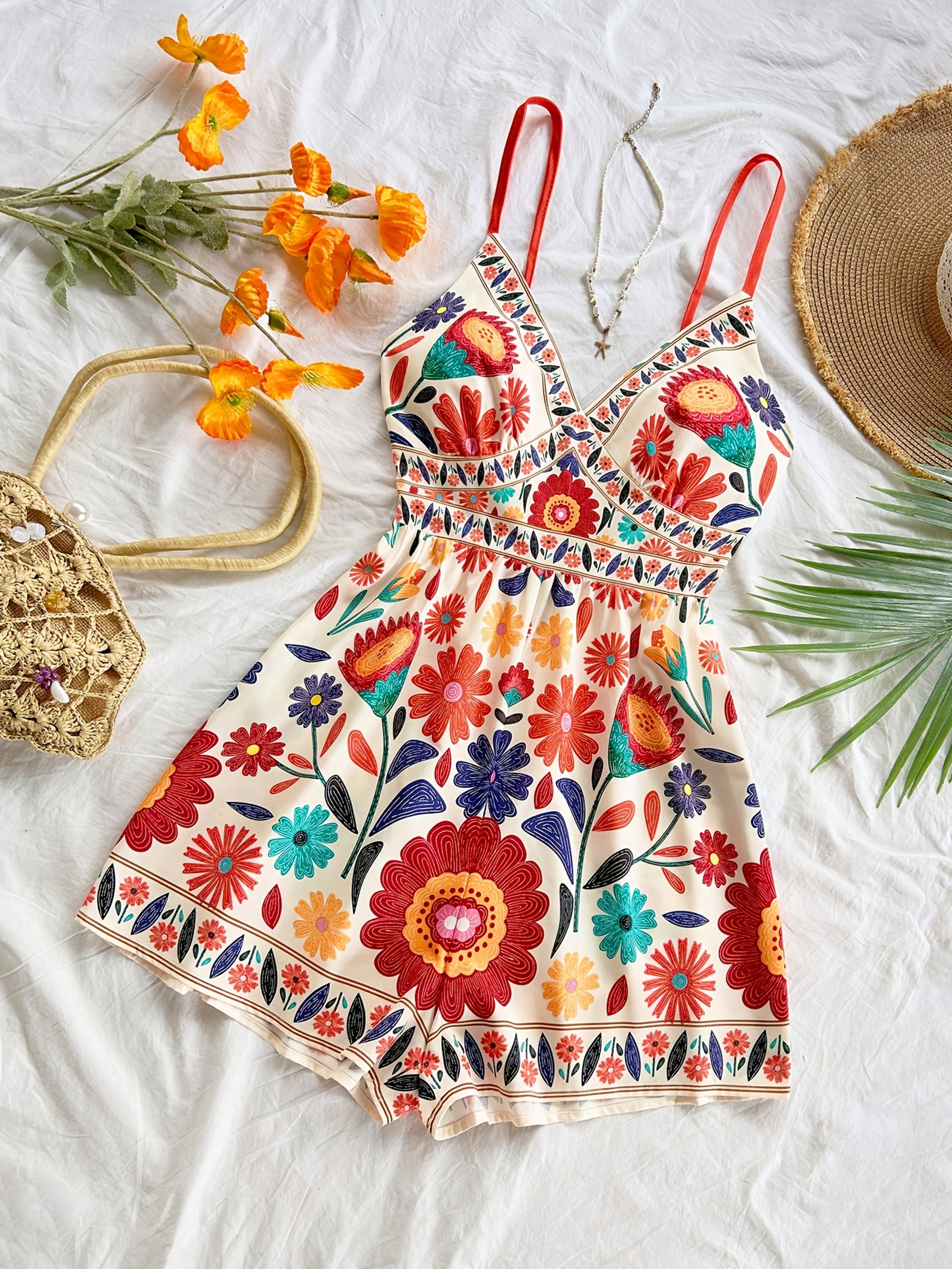 Boho Floral Vacation Jumpsuit For Women Casual Summer Wide Leg Romper 2