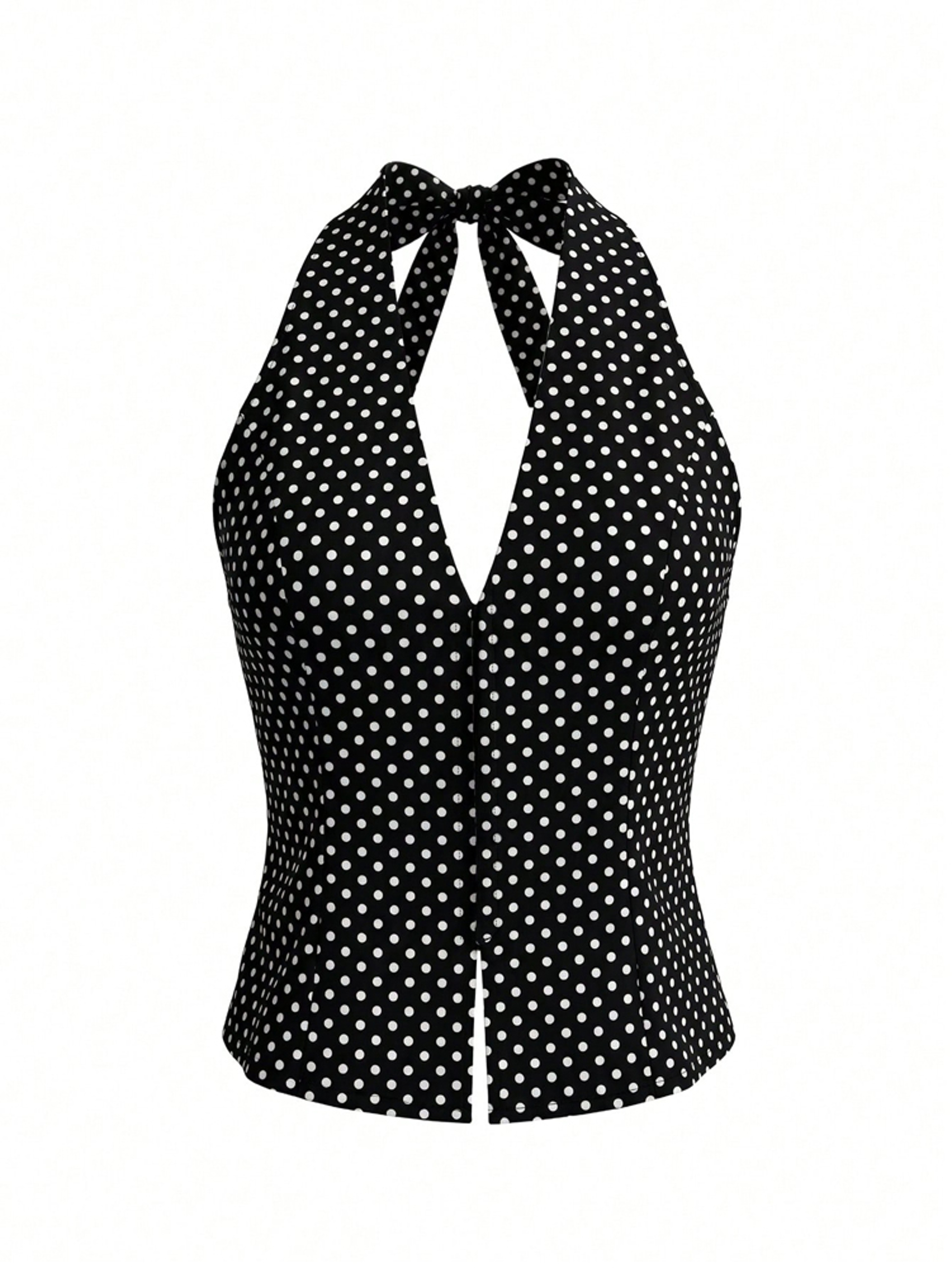 Polka Dot Halter Crop Top For Women Deep V Backless Party Night Out Blouse 6