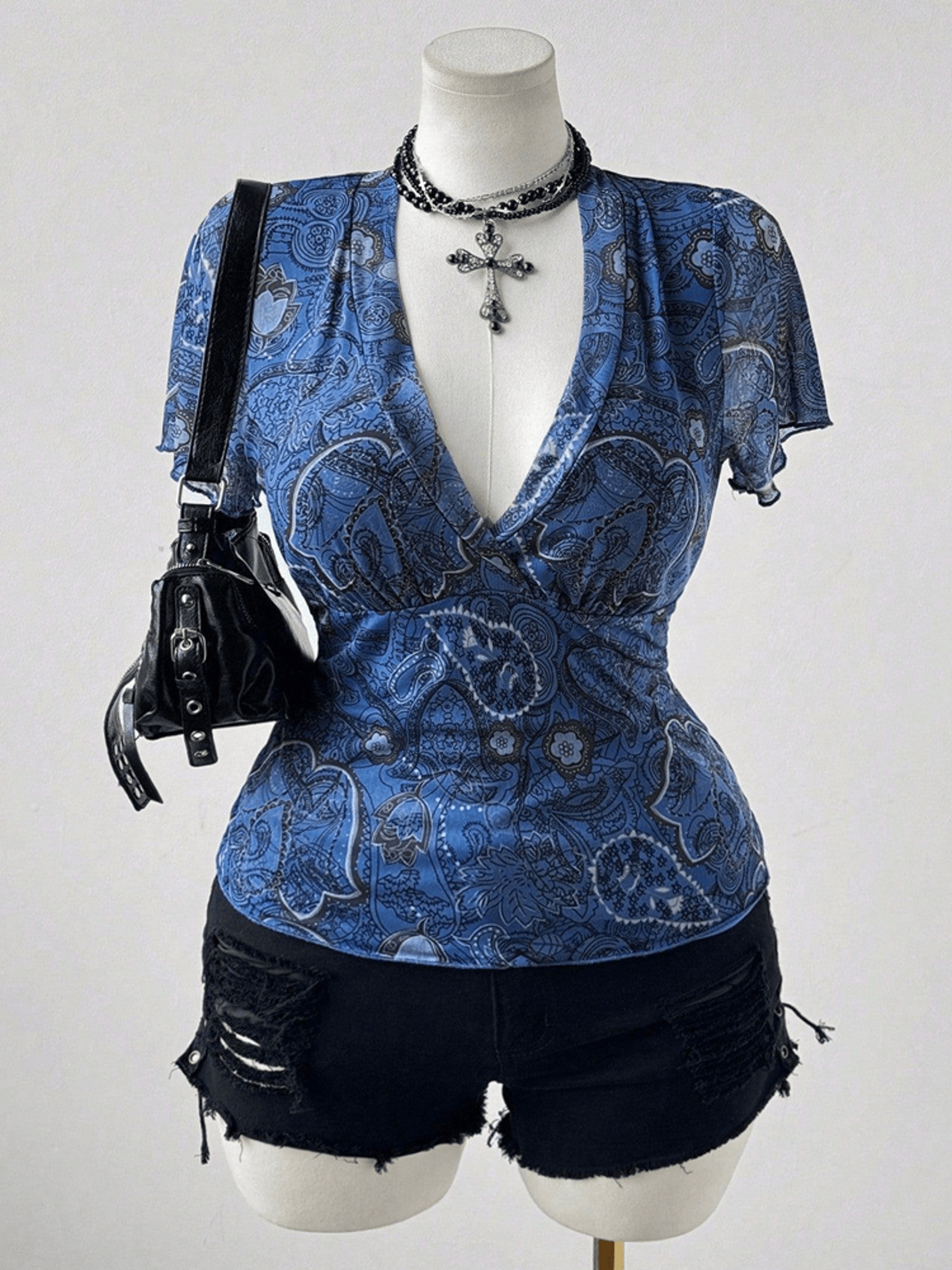 Plus Size Paisley V Neck Slim Fit Blouse for Women with Flutter Sleeves – view 1