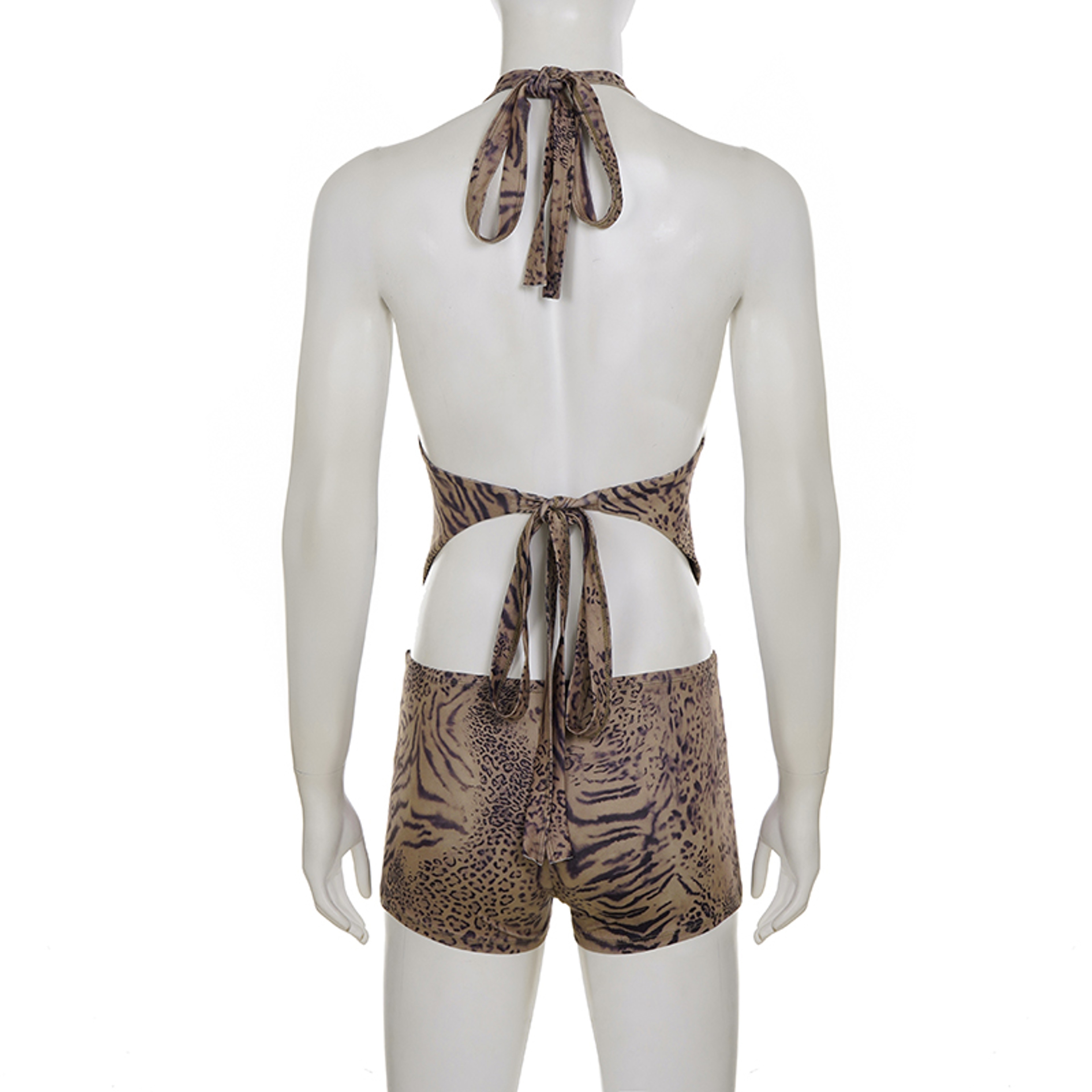 Wild Desire Leopard Print Halter Crop Top  Low Rise Shorts Summer 5