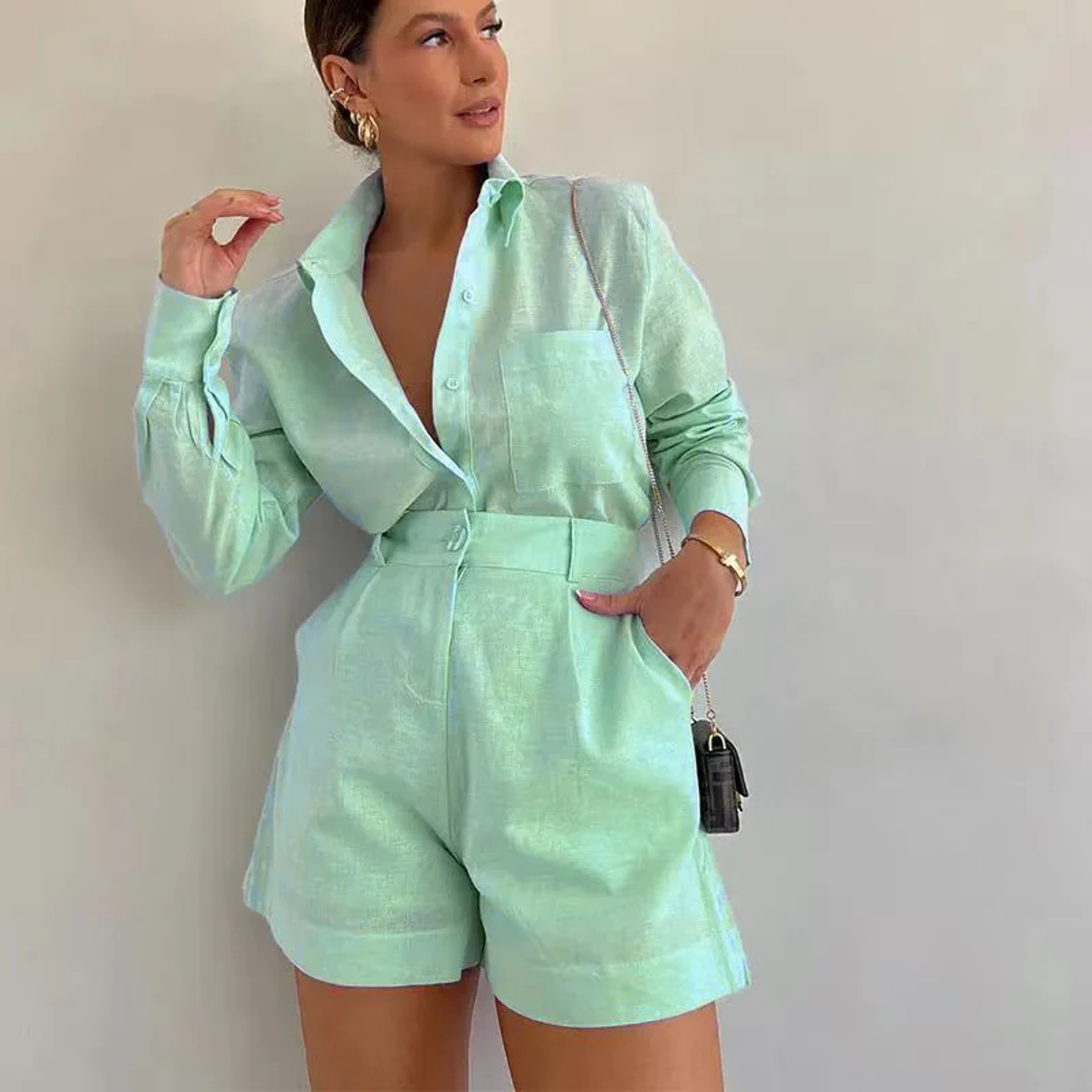 Breezy Button Up Womens Set With Long Sleeve Shirt  Shorts 2
